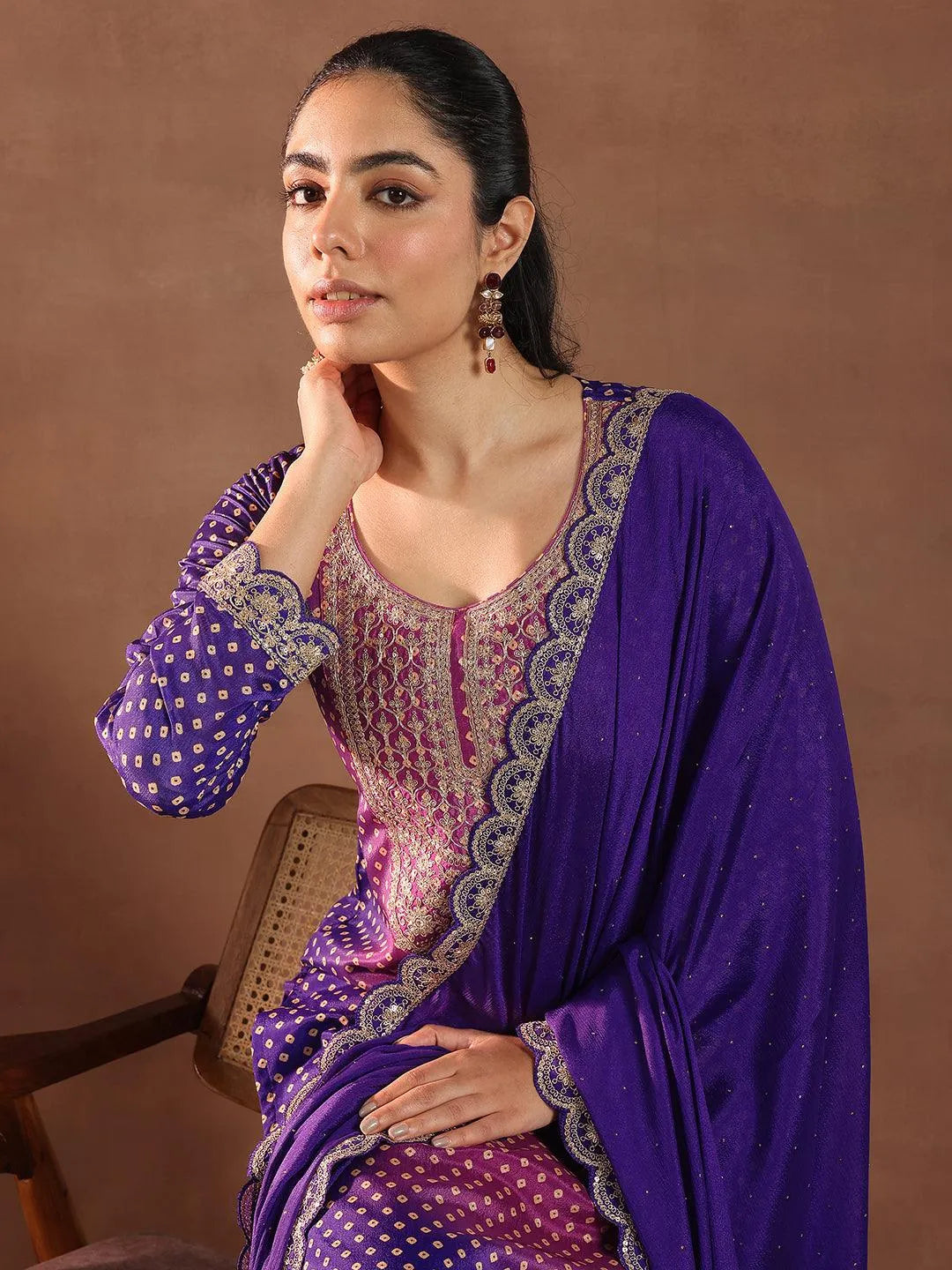 Libas Purple Printed Silk Blend Straight Suit With Dupatta