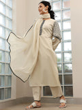 Libas Beige Solid Cotton Blend Straight Suit With Dupatta