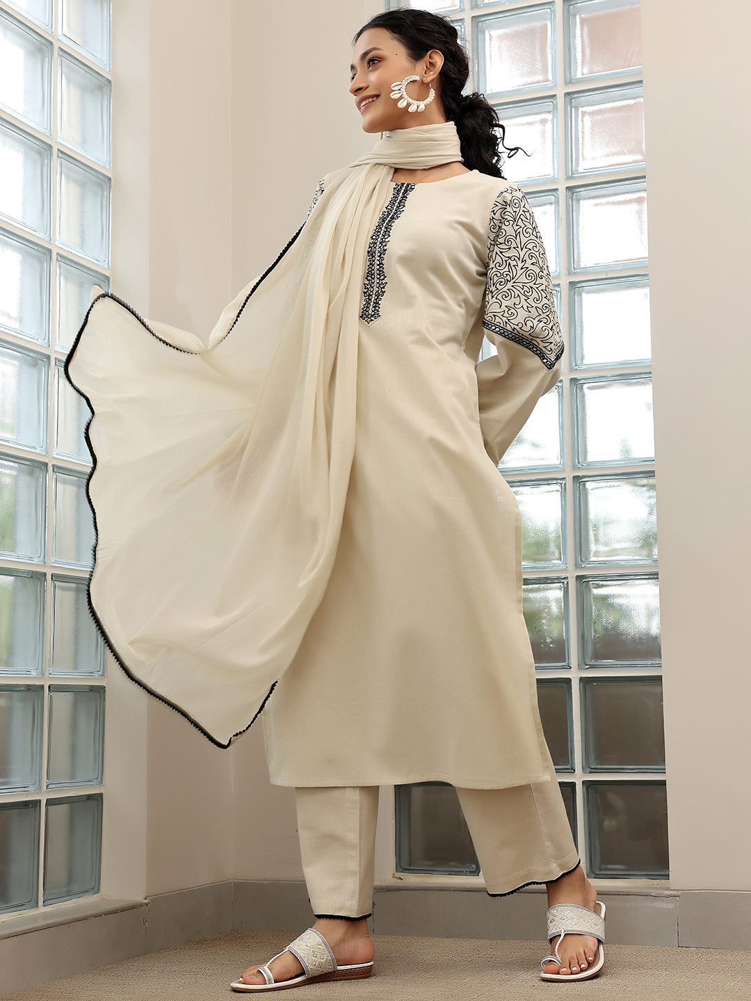 Libas Beige Solid Cotton Blend Straight Suit With Dupatta