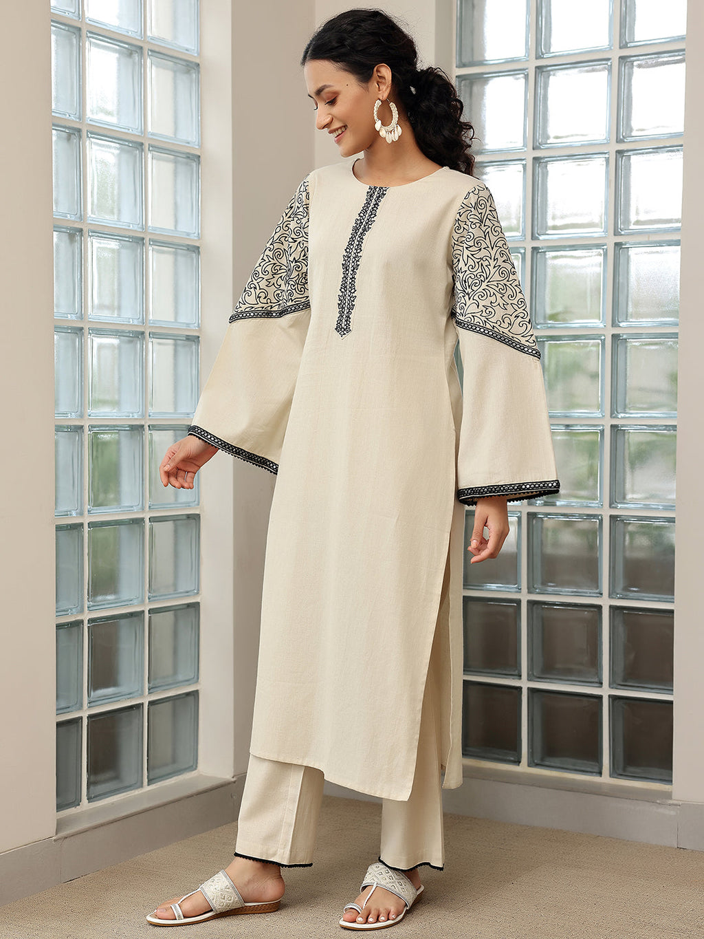 Libas Beige Solid Cotton Blend Straight Suit With Dupatta