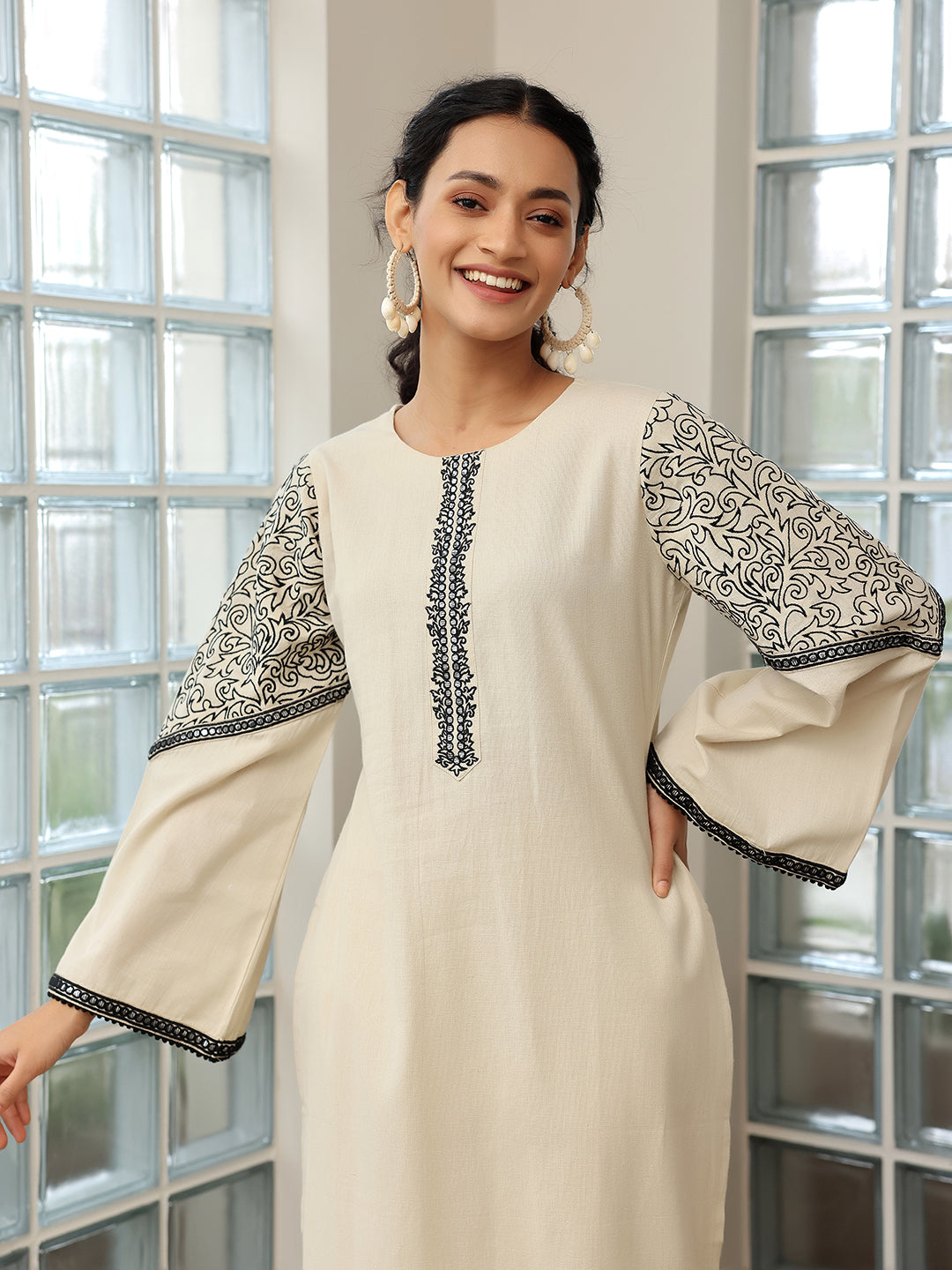 Libas Beige Solid Cotton Blend Straight Suit With Dupatta