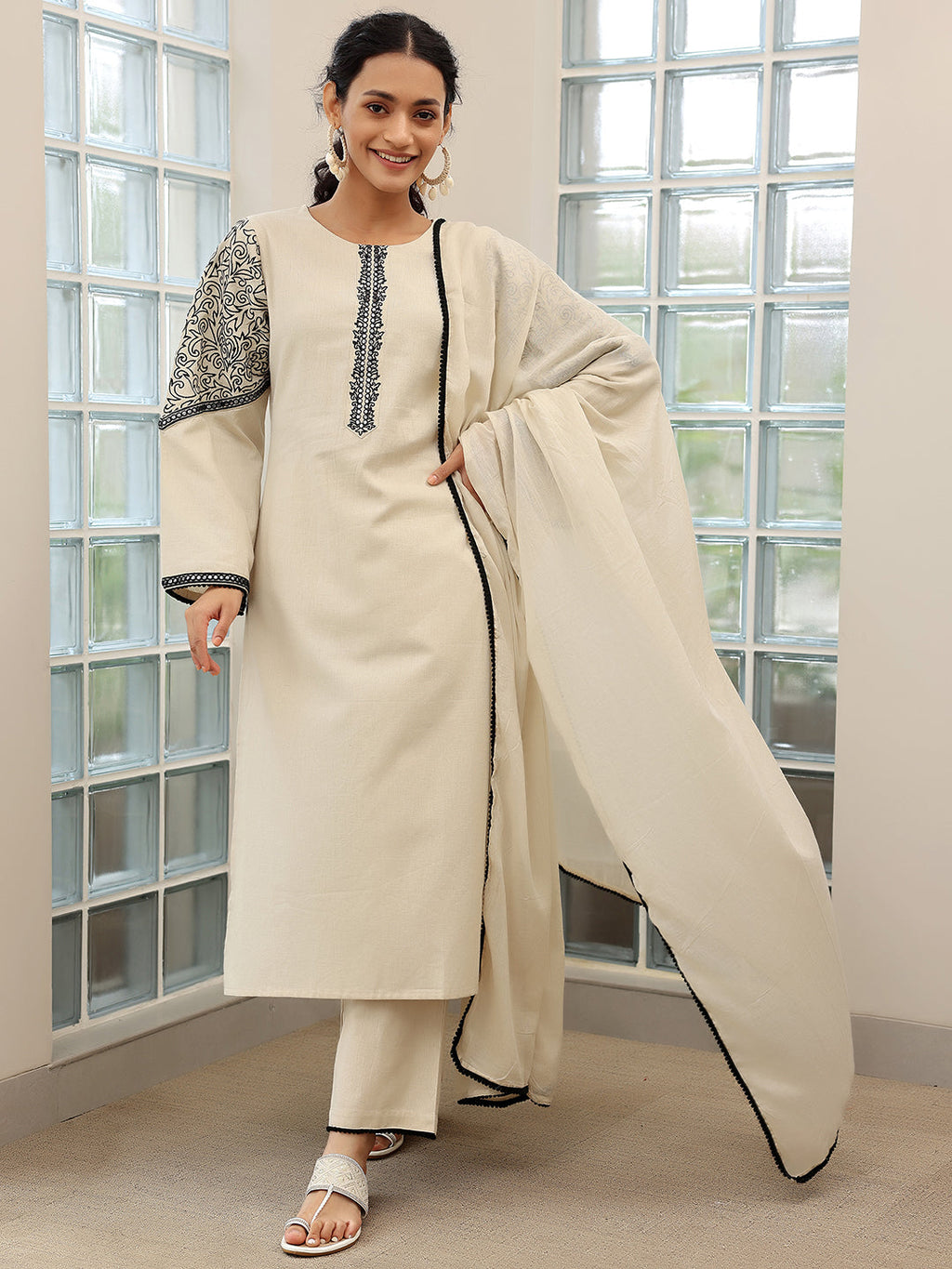 Libas Beige Solid Cotton Blend Straight Suit With Dupatta