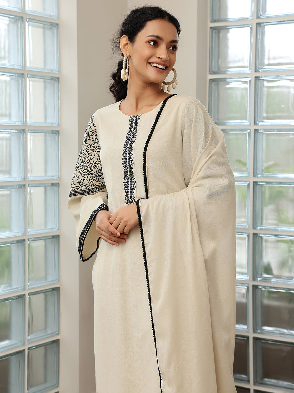 Libas Beige Solid Cotton Blend Straight Suit With Dupatta