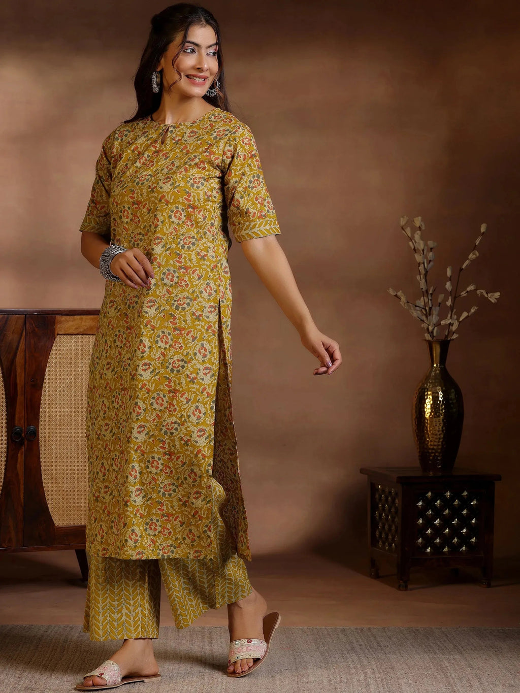 Libas Mustard Printed Cotton Straight Kurta Set