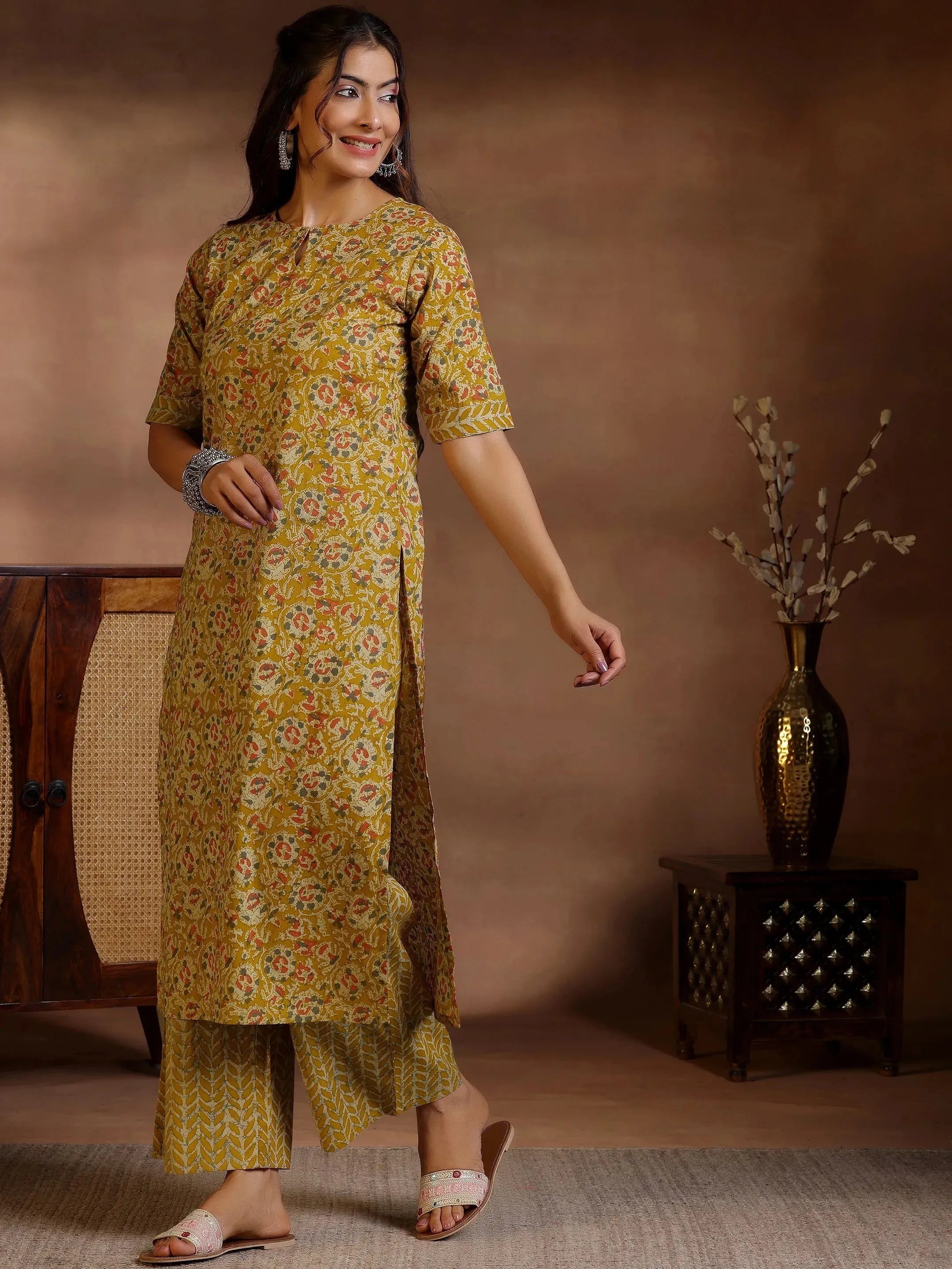 Libas Mustard Printed Cotton Straight Kurta Set