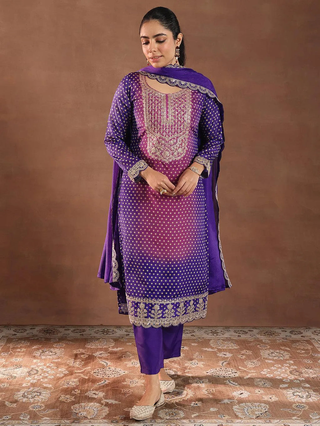 Libas Purple Printed Silk Blend Straight Suit With Dupatta