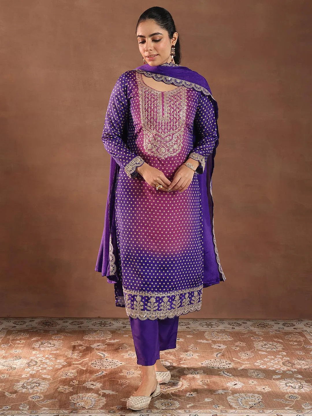 Libas Purple Printed Silk Blend Straight Suit With Dupatta