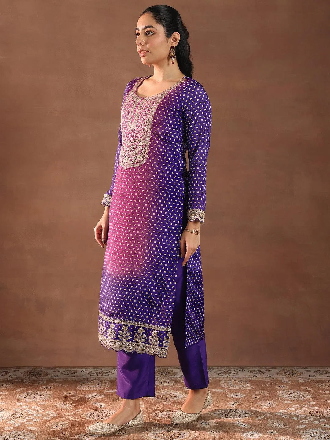 Libas Purple Printed Silk Blend Straight Suit With Dupatta