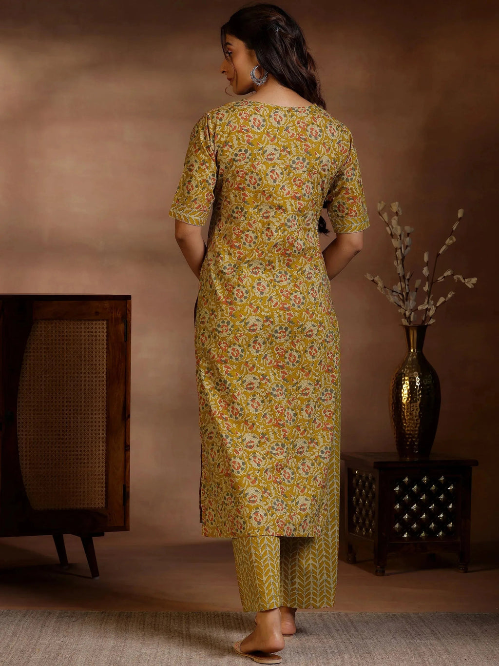 Libas Mustard Printed Cotton Straight Kurta Set