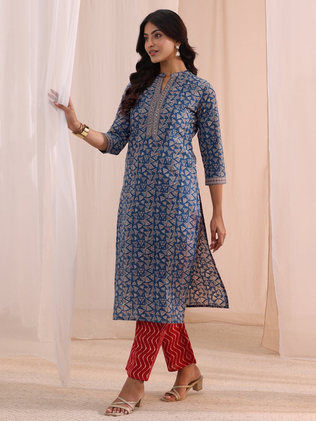 Libas Blue Printed Cotton Straight Suit Set With Dupatta