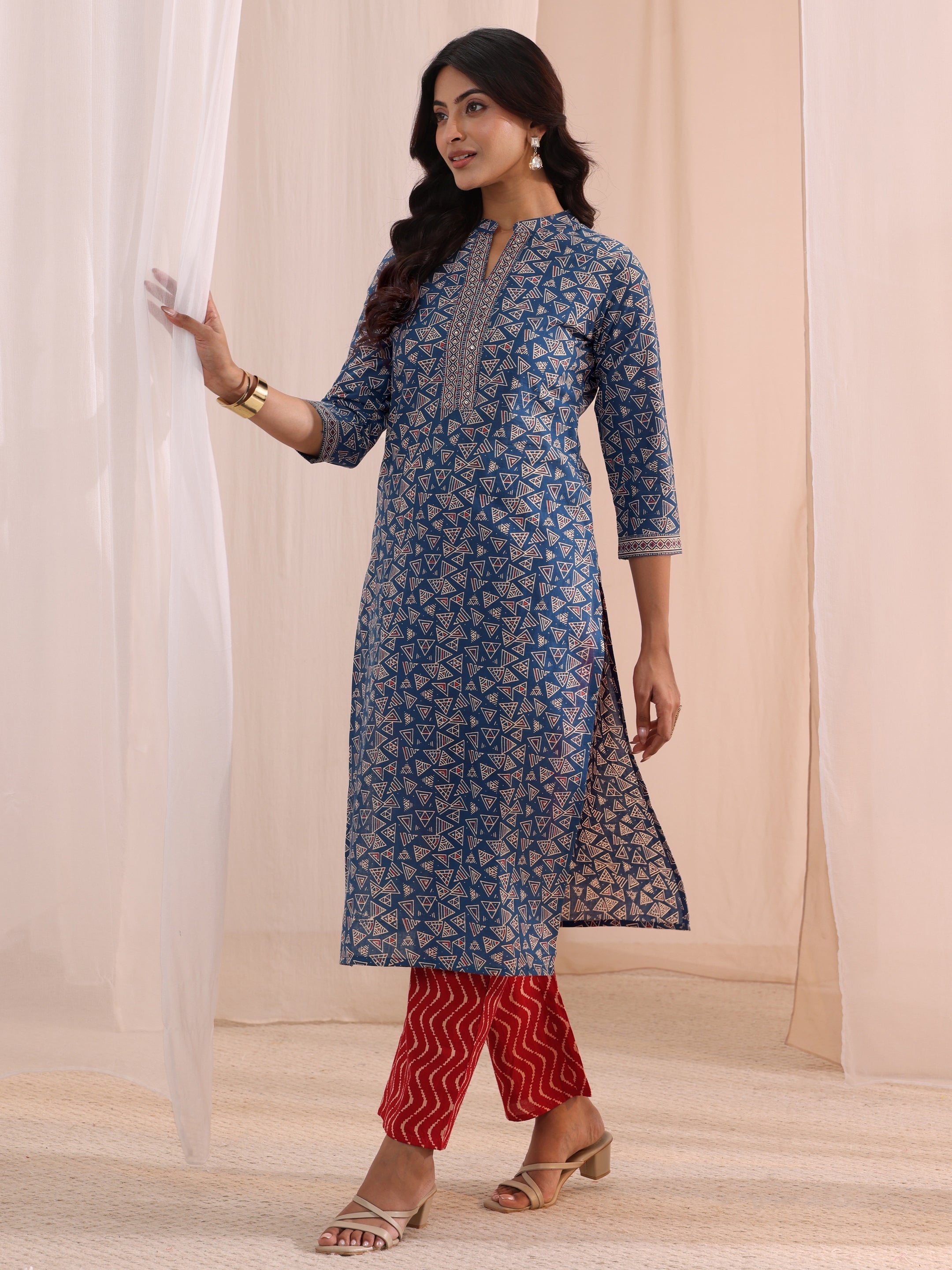 Libas Blue Printed Cotton Straight Suit Set With Dupatta