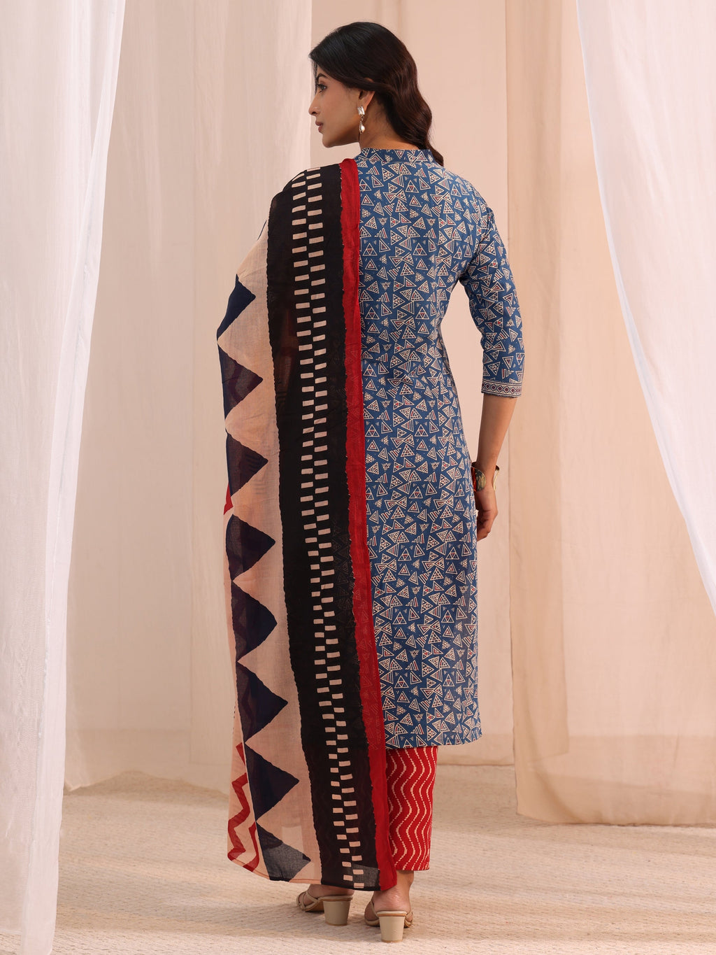 Libas Blue Printed Cotton Straight Suit Set With Dupatta