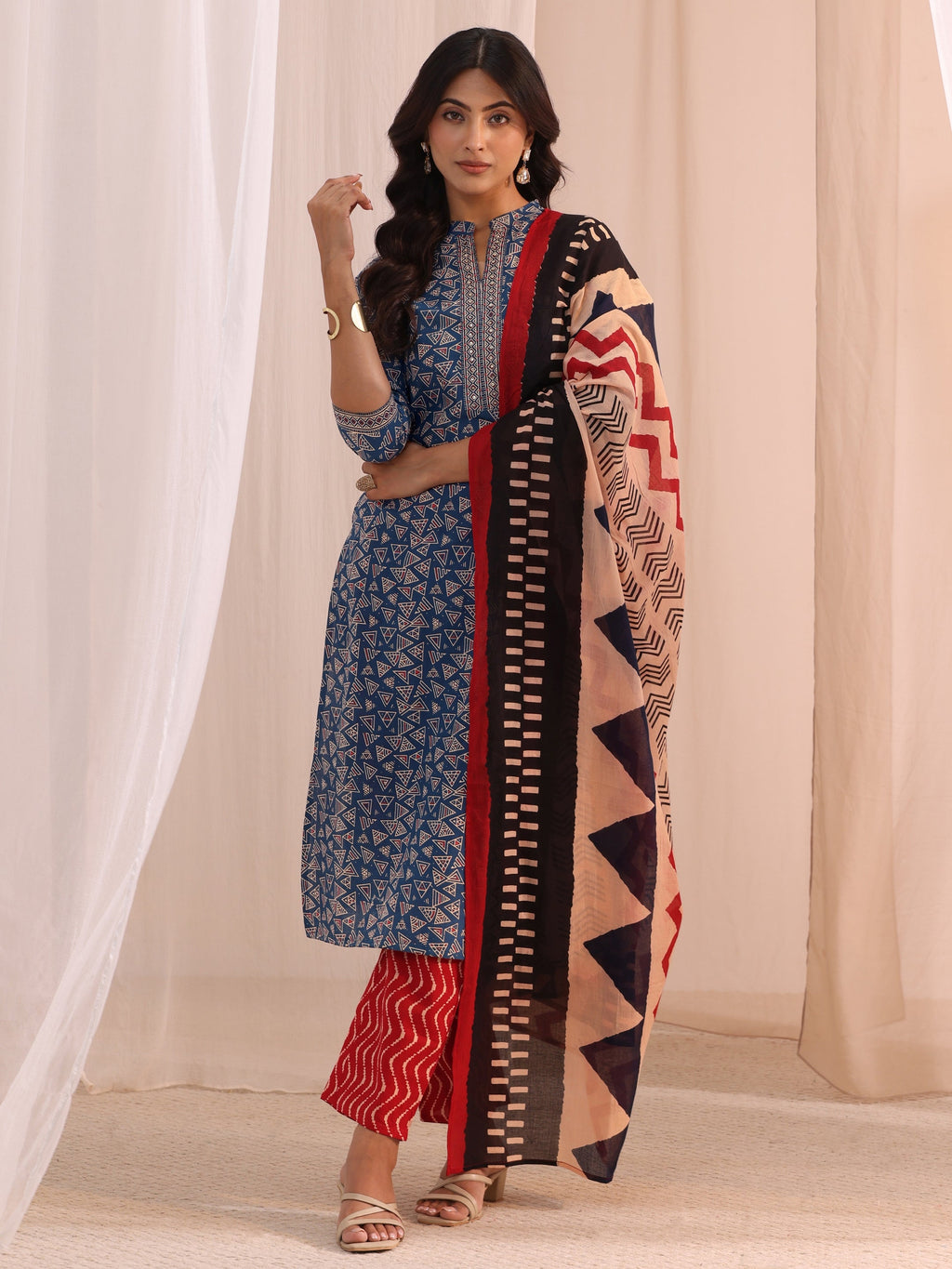 Libas Blue Printed Cotton Straight Suit Set With Dupatta