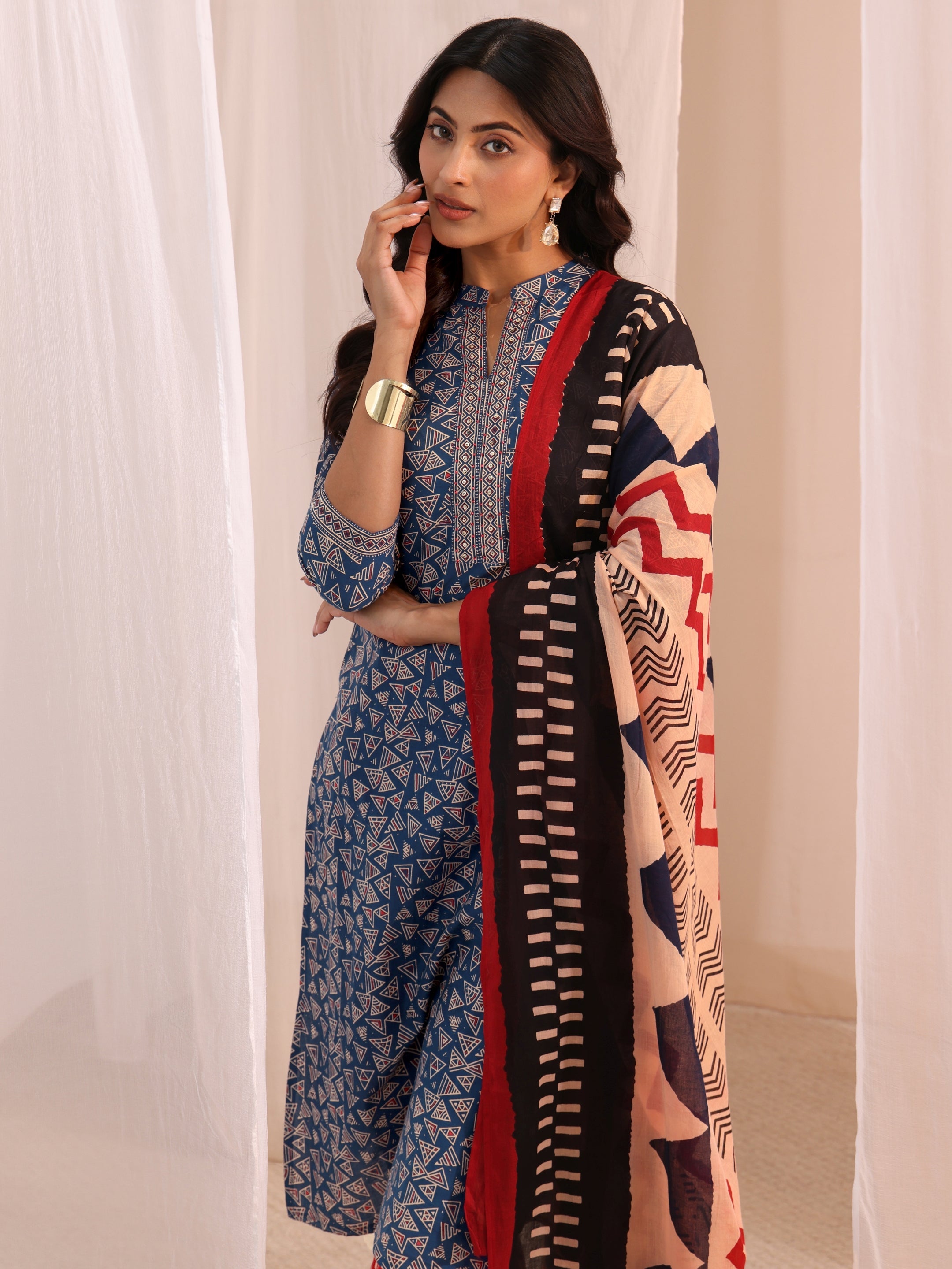 Libas Blue Printed Cotton Straight Suit Set With Dupatta