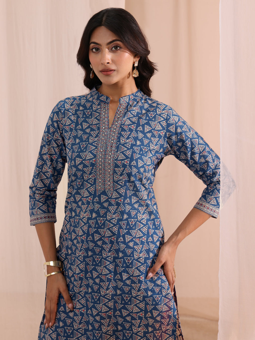 Libas Blue Printed Cotton Straight Suit Set With Dupatta