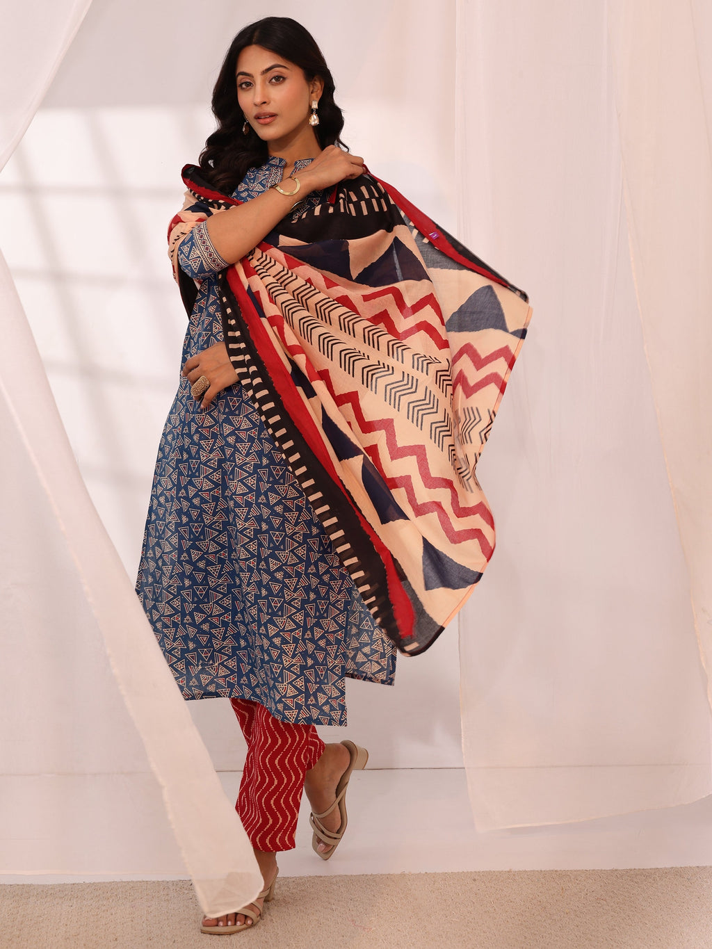 Libas Blue Printed Cotton Straight Suit Set With Dupatta