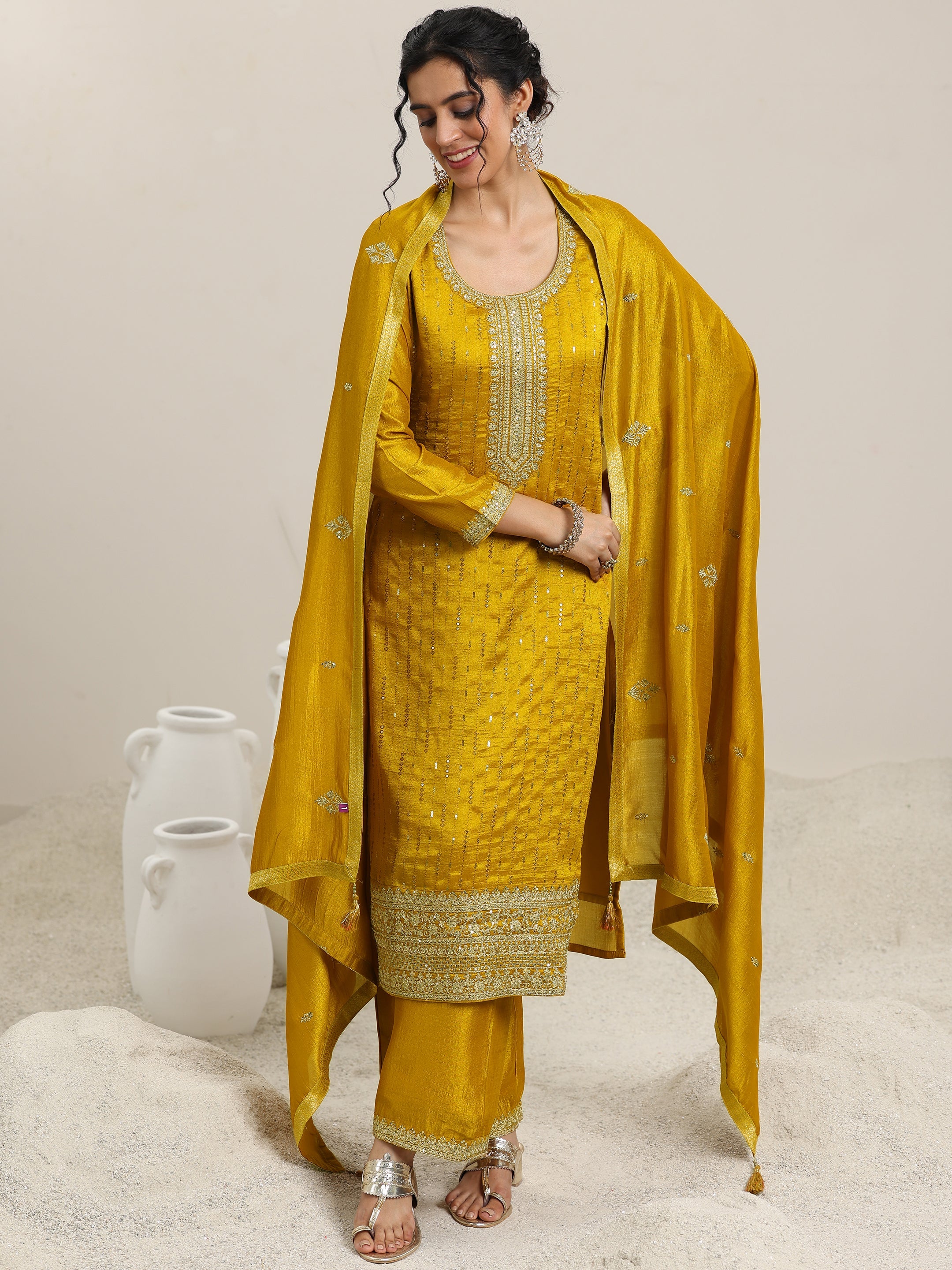 Libas Mustard Embellished Silk Blend Straight Kurta With Palazzos & Dupatta