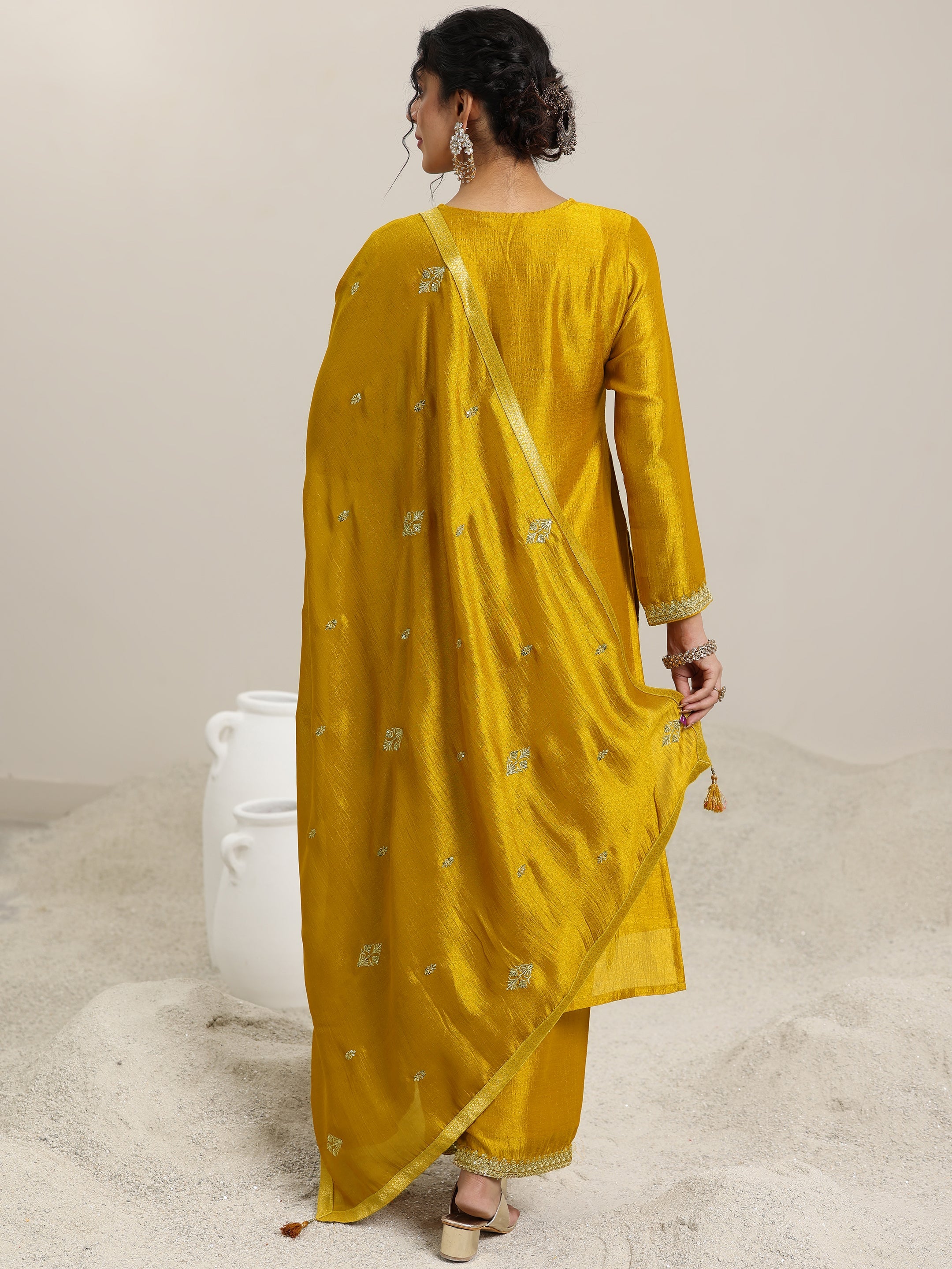 Libas Mustard Embellished Silk Blend Straight Kurta With Palazzos & Dupatta