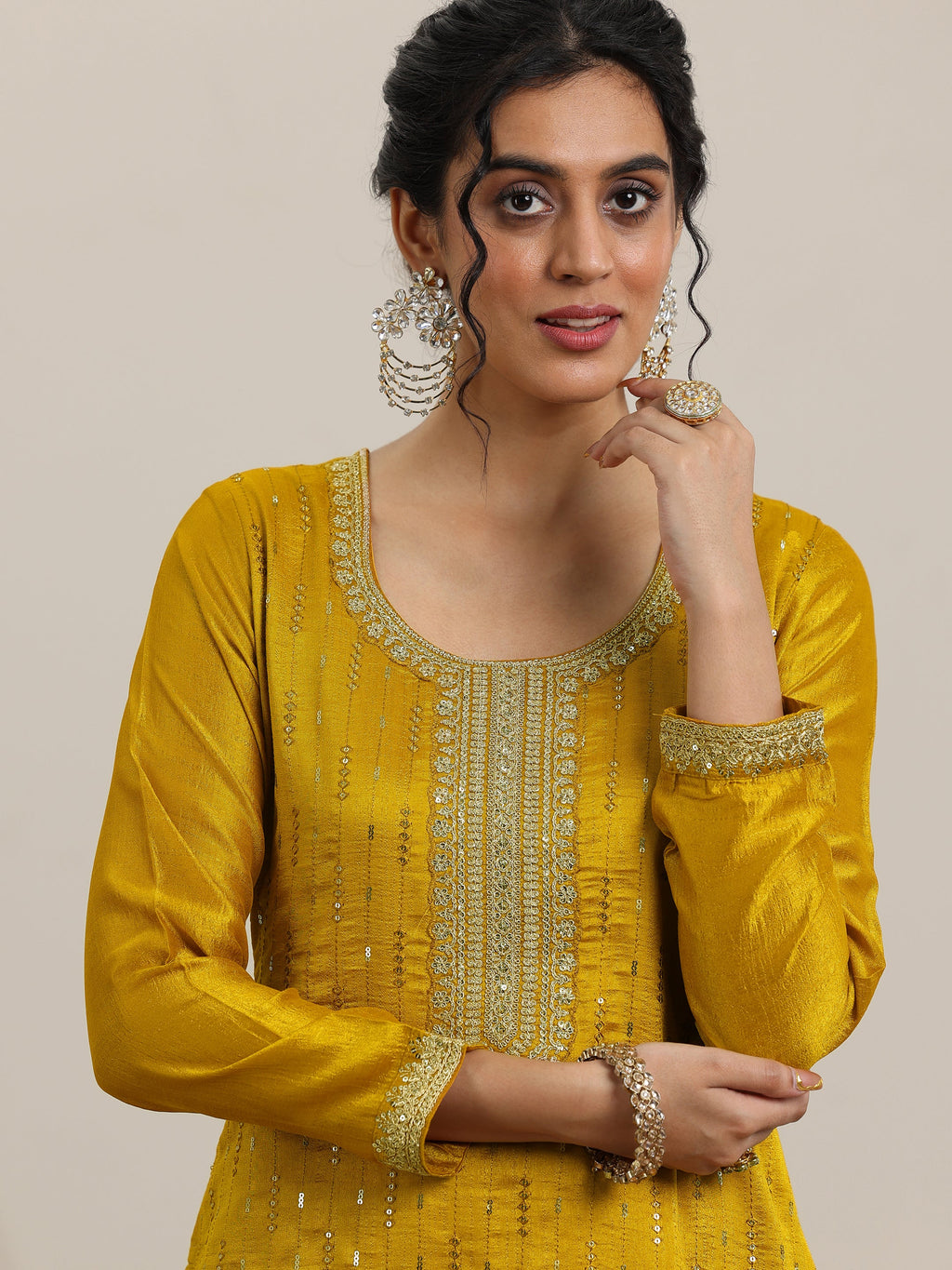 Libas Mustard Embellished Silk Blend Straight Kurta With Palazzos & Dupatta