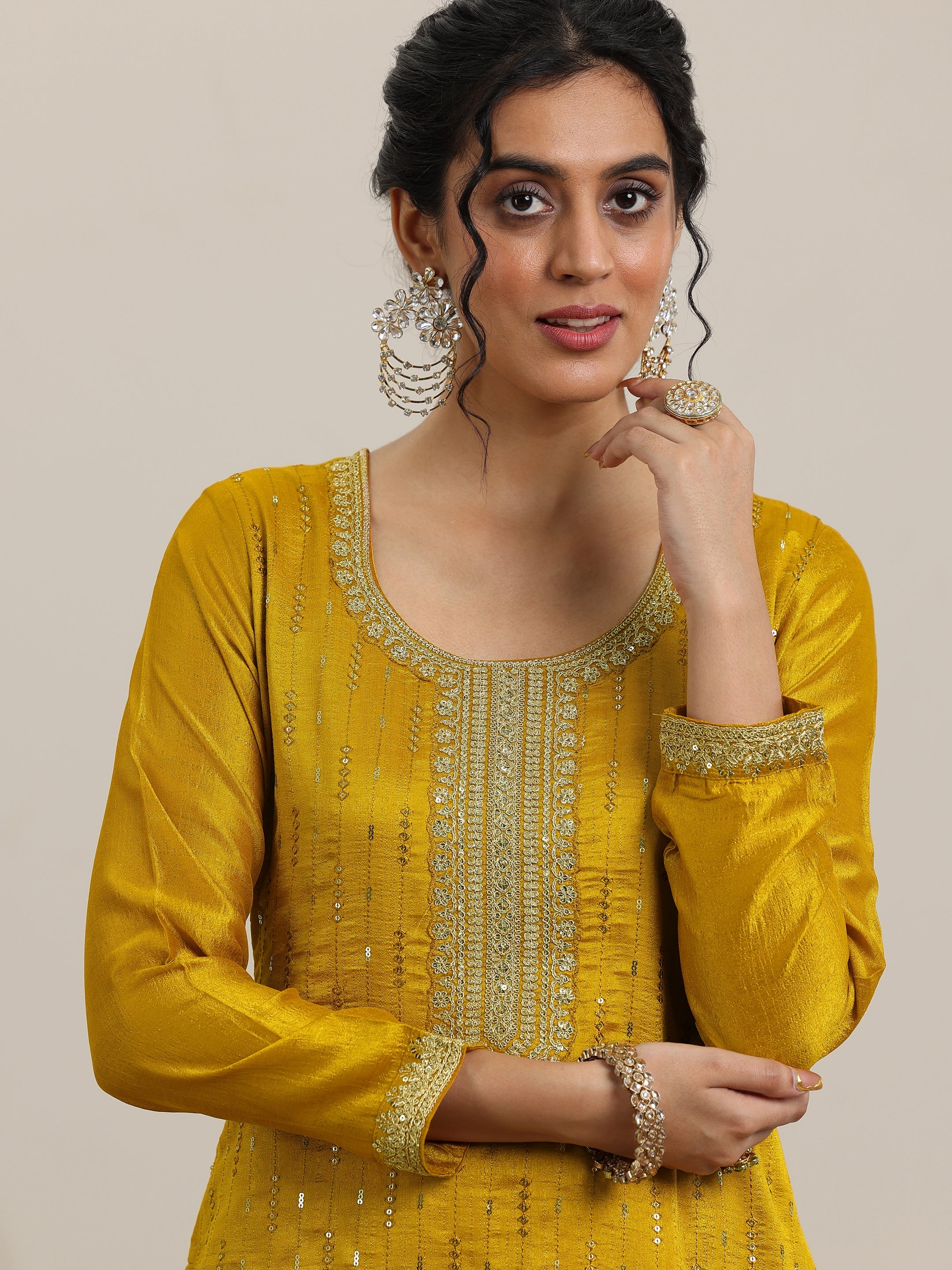 Libas Mustard Embellished Silk Blend Straight Kurta With Palazzos & Dupatta