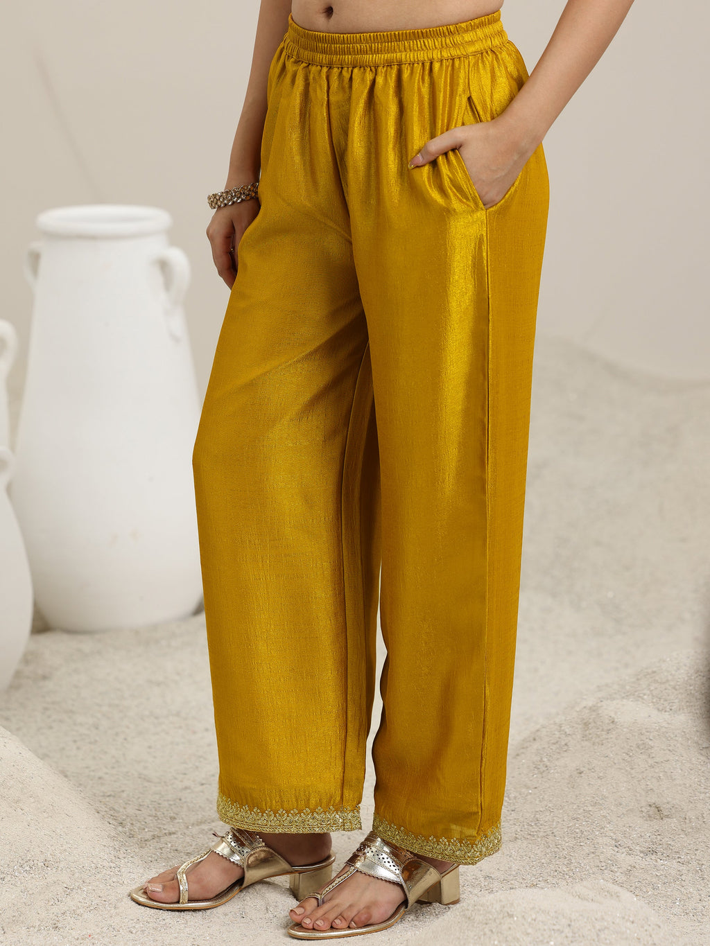 Libas Mustard Embellished Silk Blend Straight Kurta With Palazzos & Dupatta