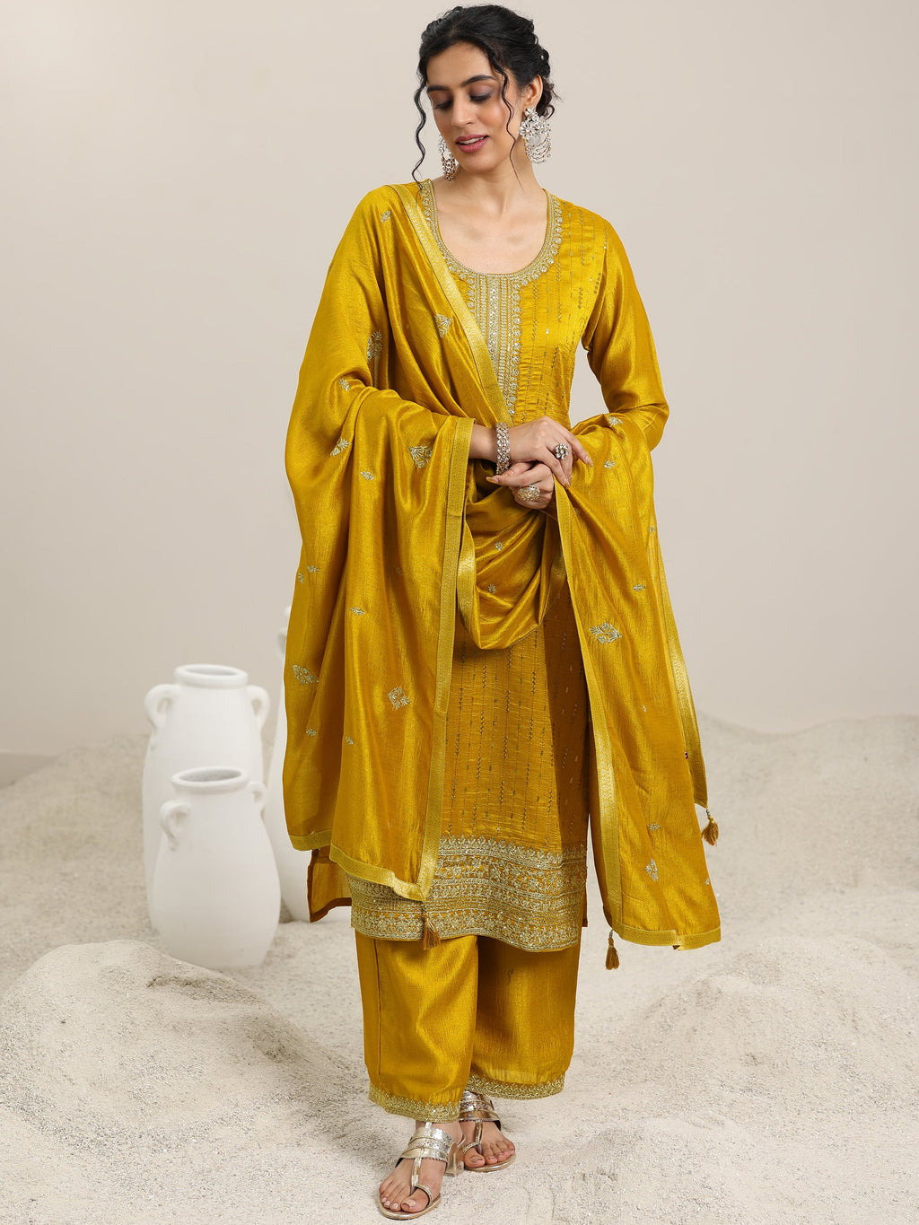 Libas Mustard Embellished Silk Blend Straight Kurta With Palazzos & Dupatta
