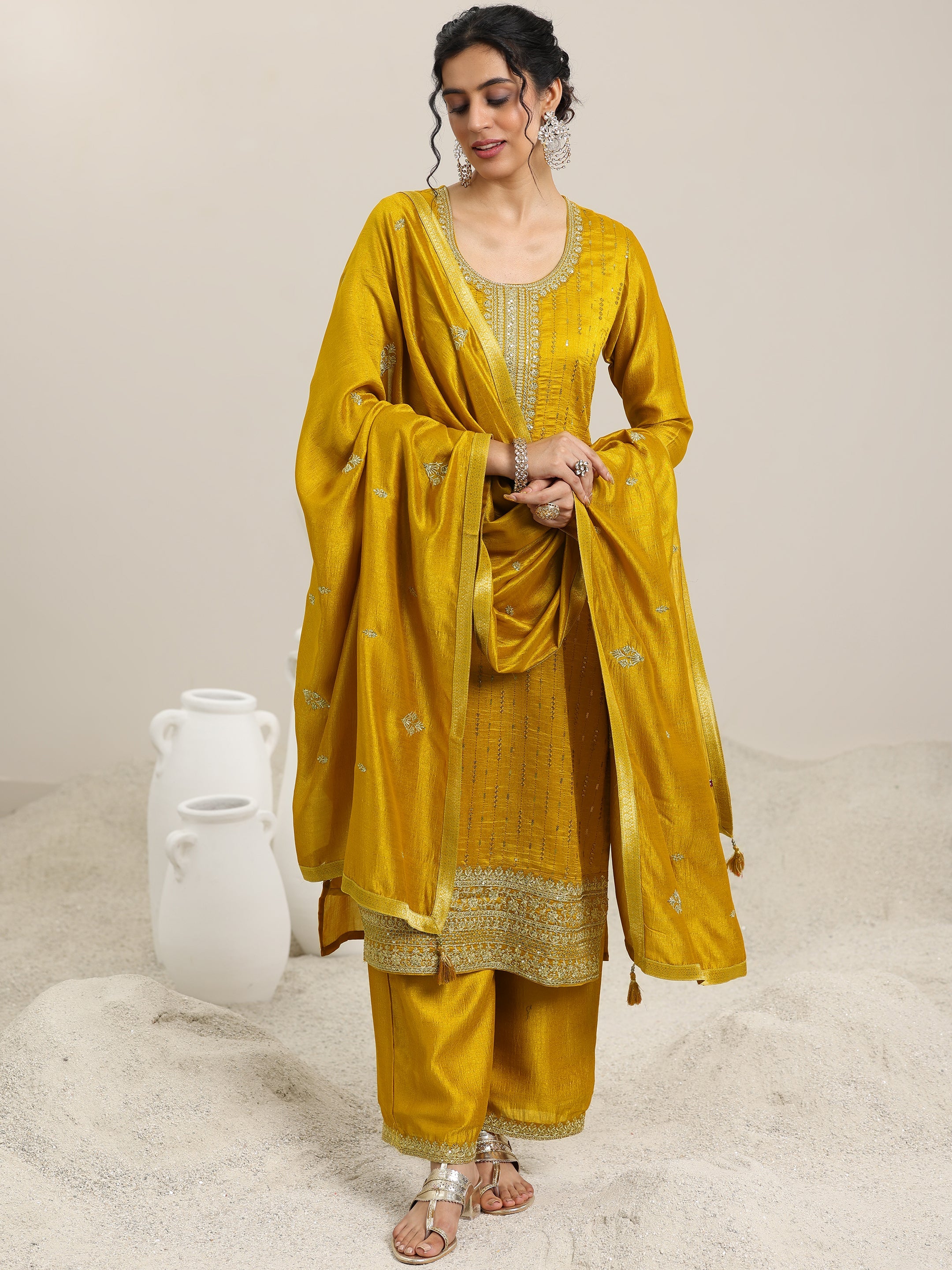 Libas Mustard Embellished Silk Blend Straight Kurta With Palazzos & Dupatta