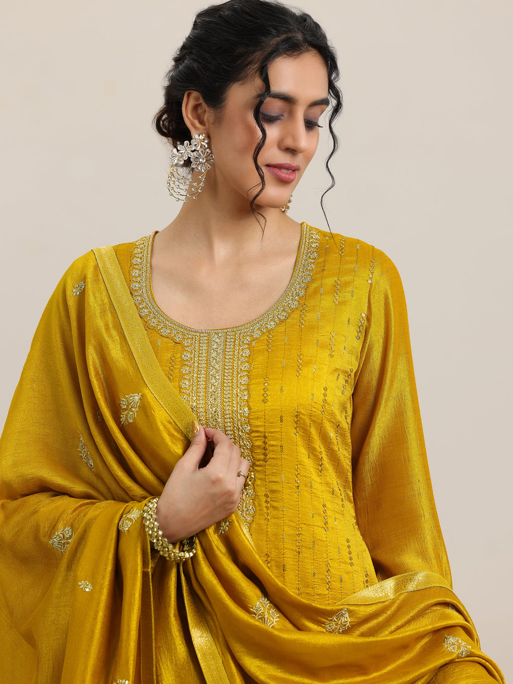 Libas Mustard Embellished Silk Blend Straight Kurta With Palazzos & Dupatta