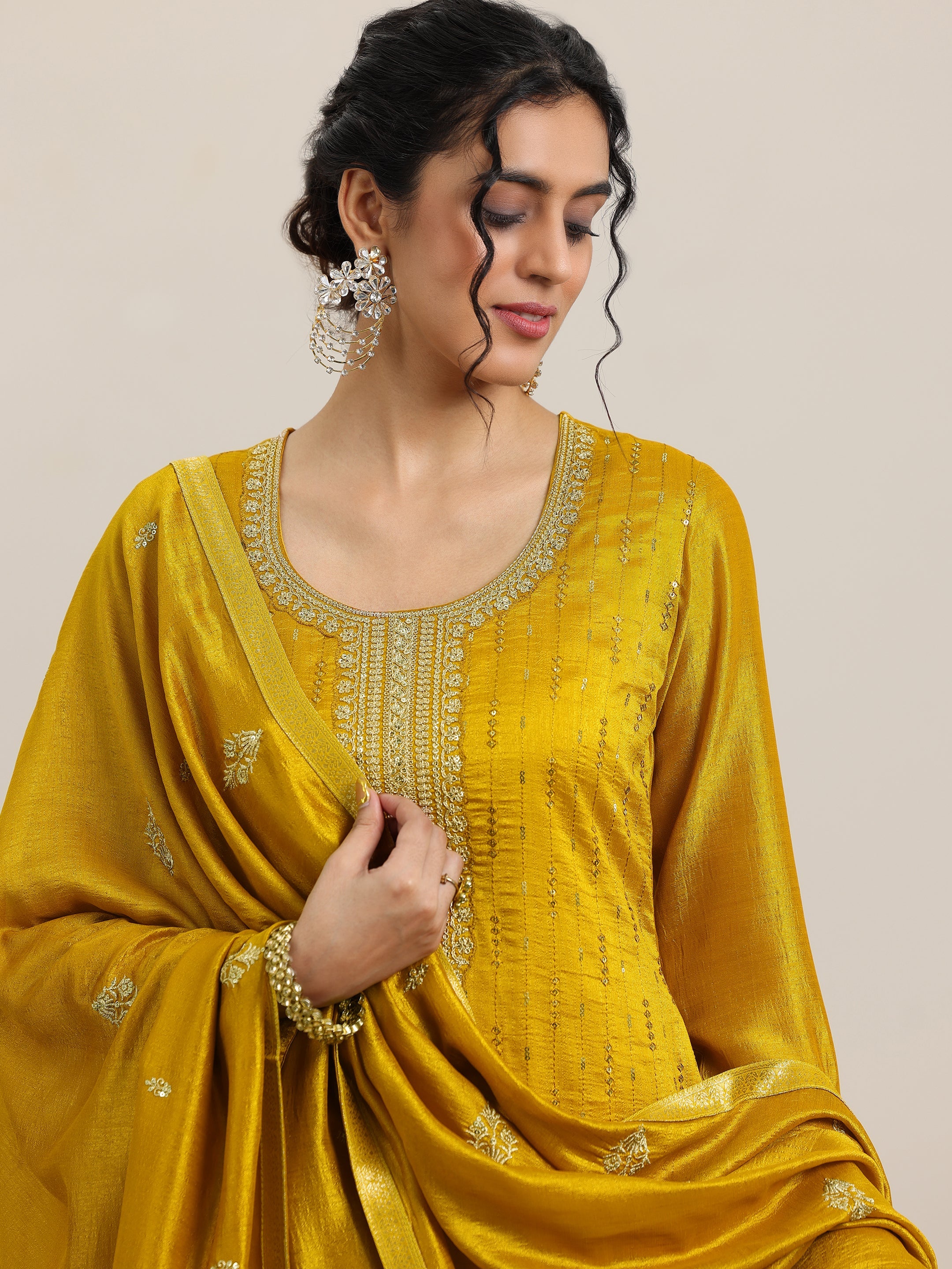 Libas Mustard Embellished Silk Blend Straight Kurta With Palazzos & Dupatta