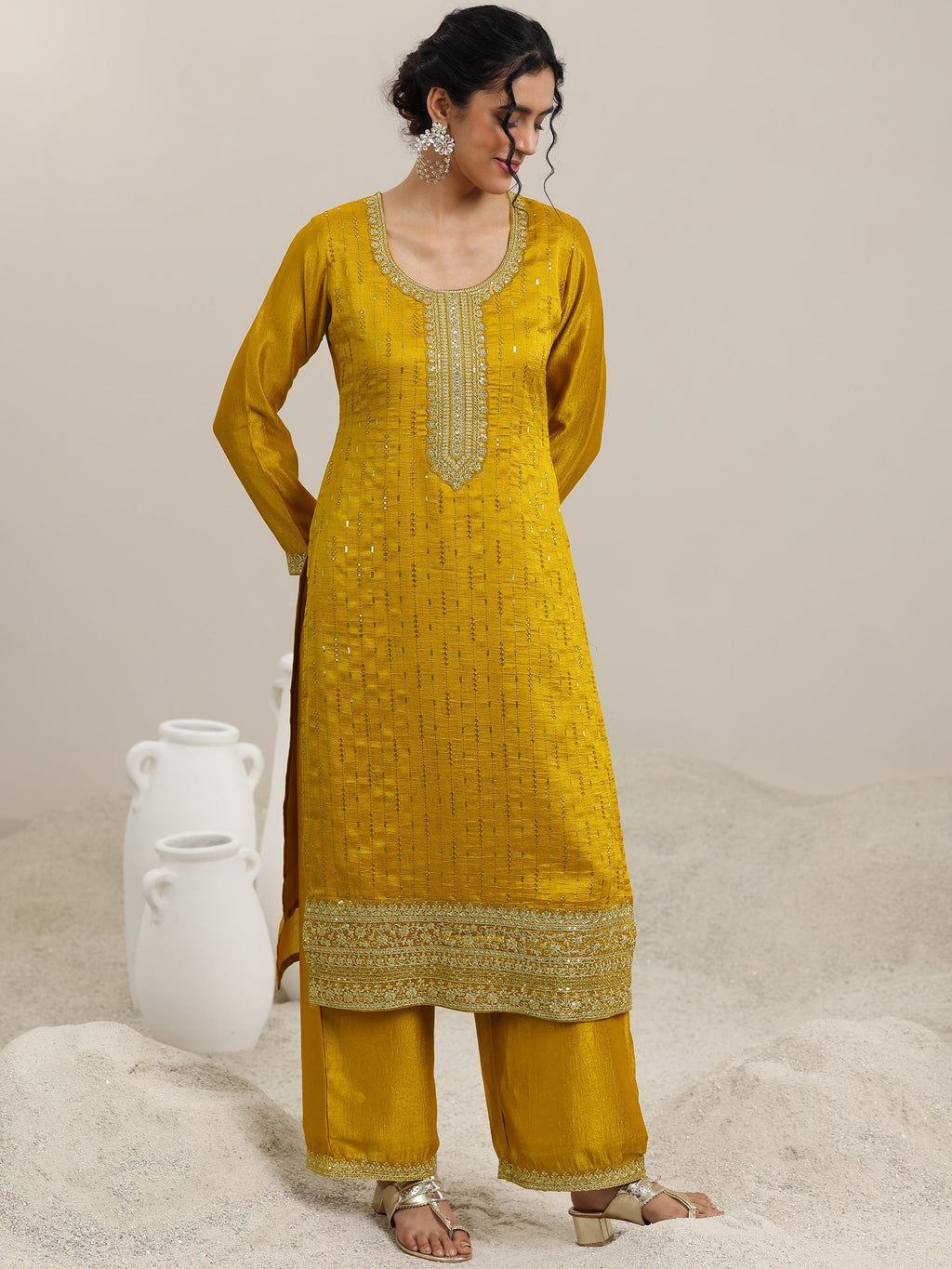 Libas Mustard Embellished Silk Blend Straight Kurta With Palazzos & Dupatta
