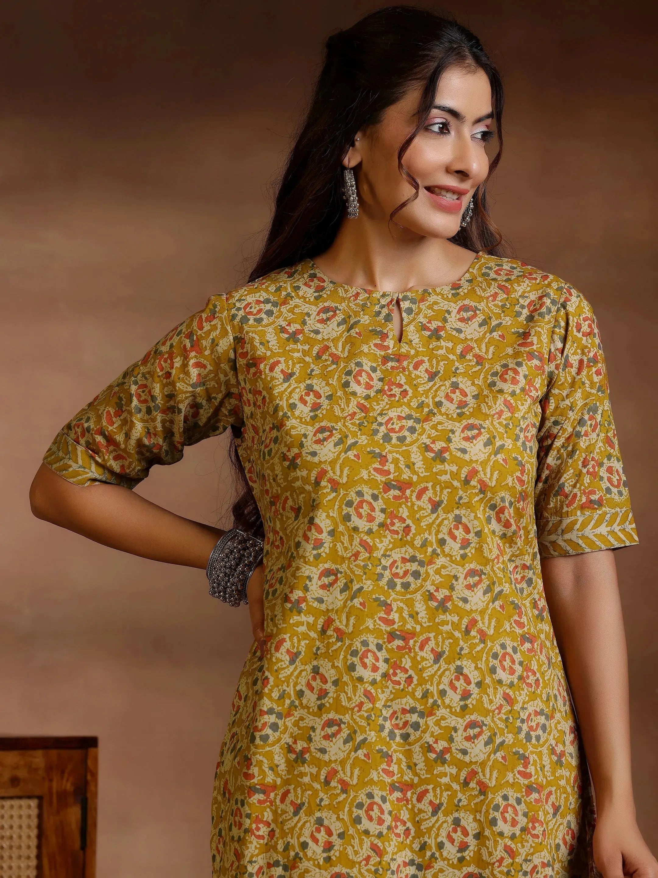Libas Mustard Printed Cotton Straight Kurta Set