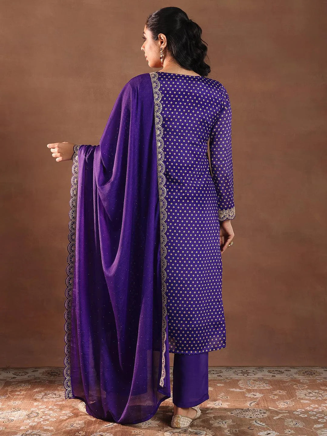 Libas Purple Printed Silk Blend Straight Suit With Dupatta