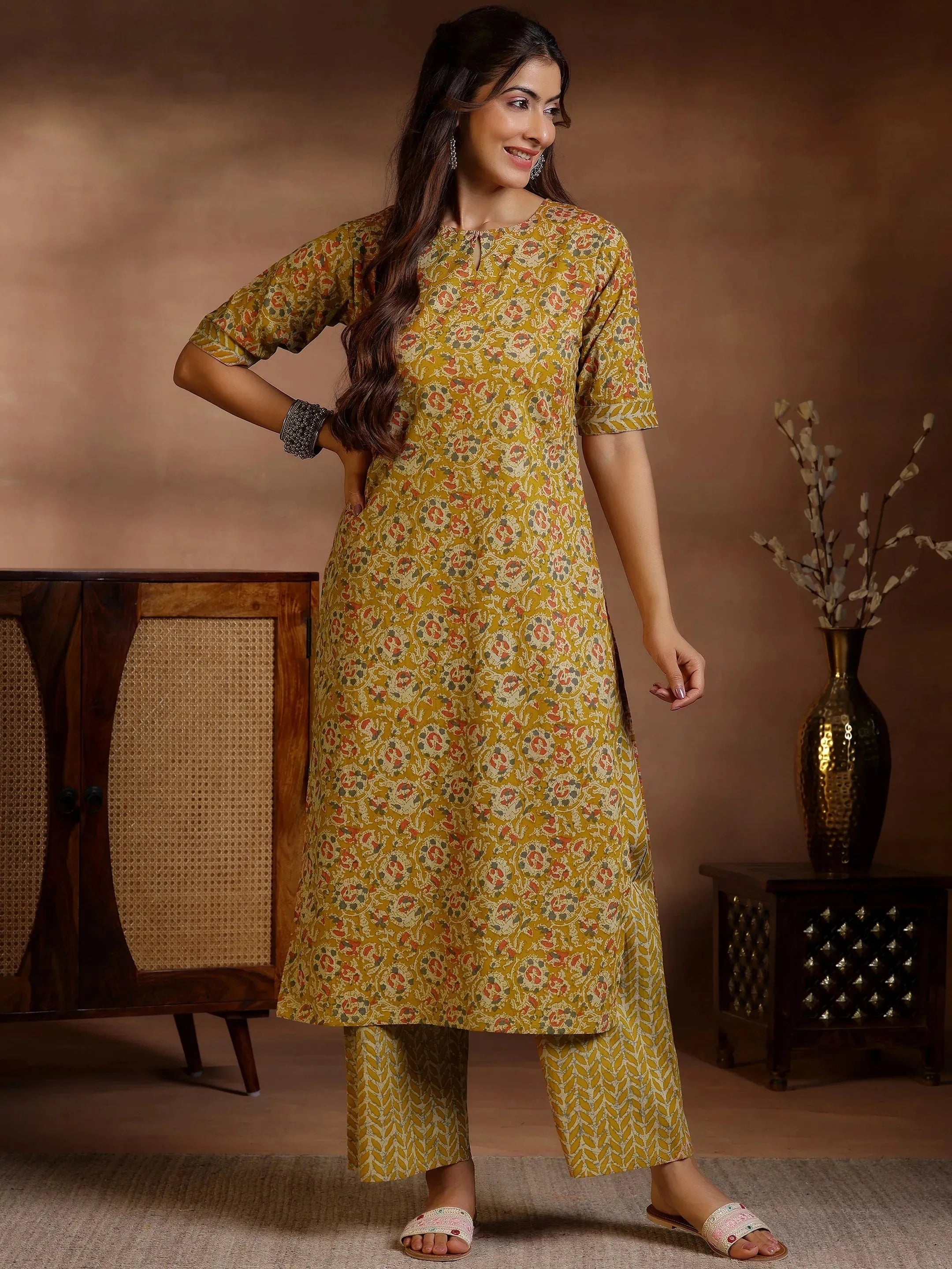 Libas Mustard Printed Cotton Straight Kurta Set