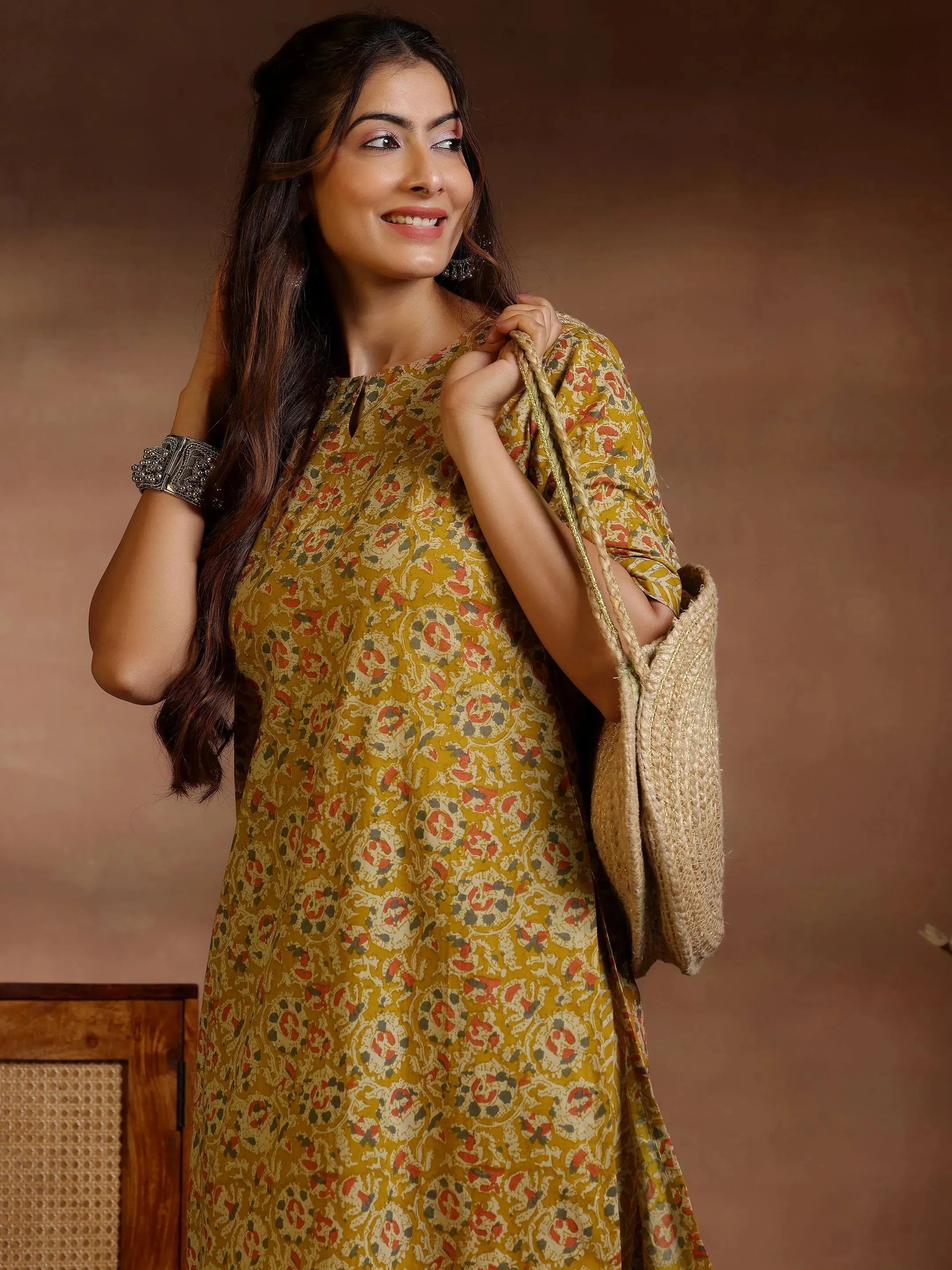 Libas Mustard Printed Cotton Straight Kurta Set