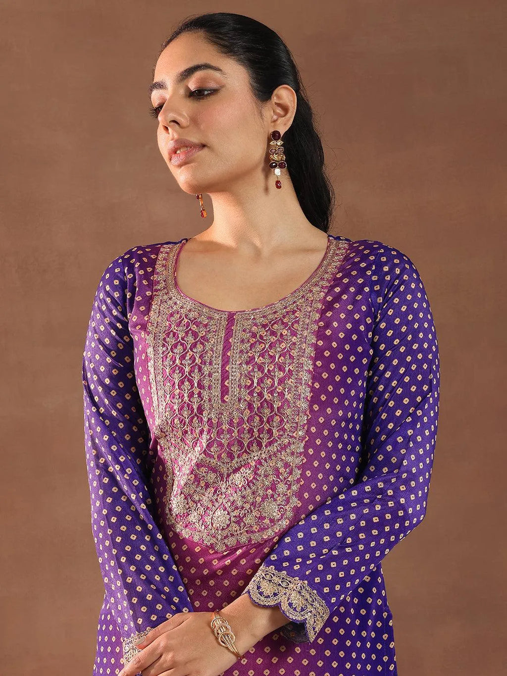 Libas Purple Printed Silk Blend Straight Suit With Dupatta