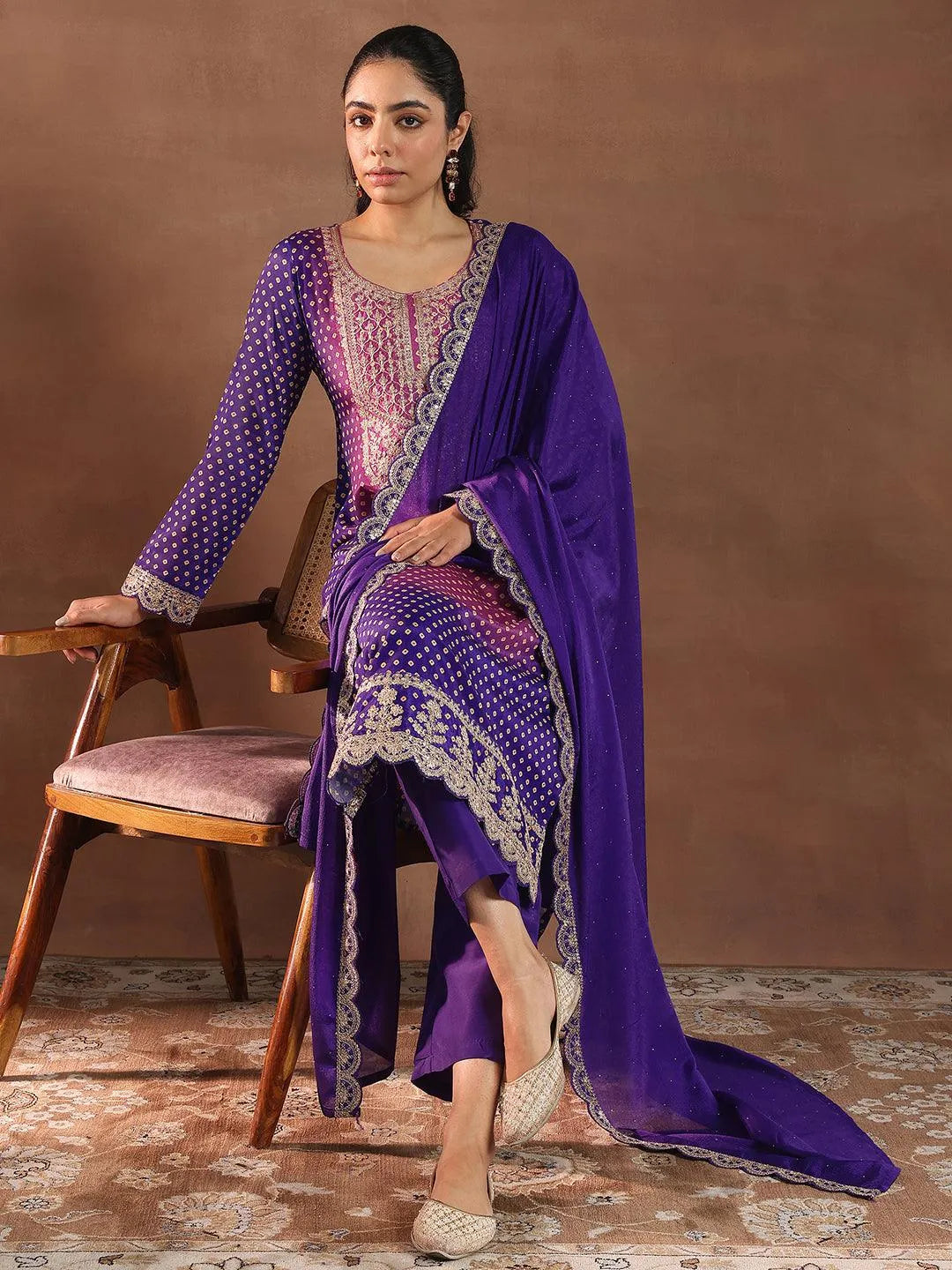Libas Purple Printed Silk Blend Straight Suit With Dupatta