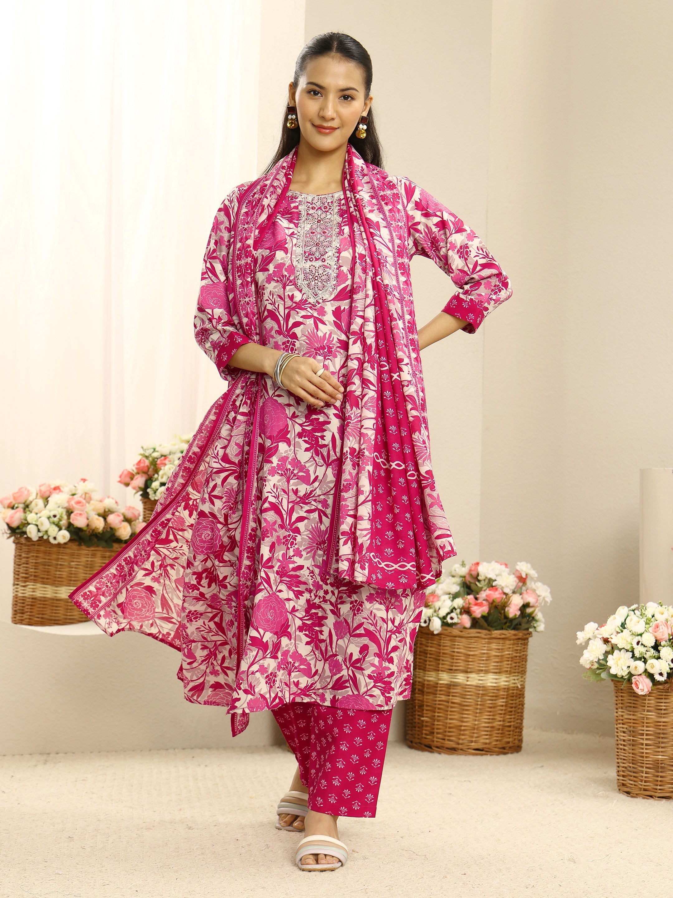 Gerua Pink Ethnic Motif Printed Cotton Blend Straight Suit Set With Dupatta