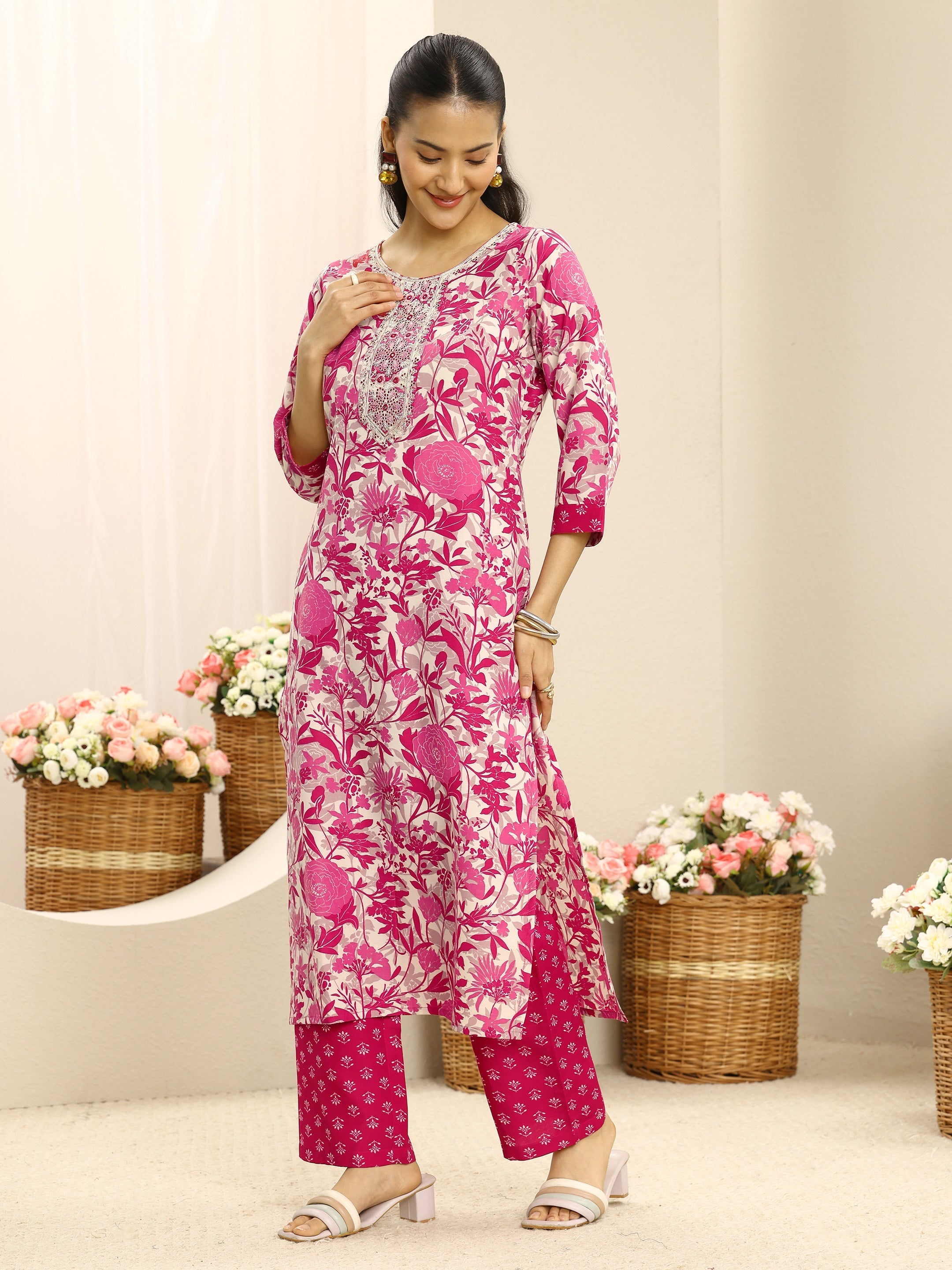 Gerua Pink Ethnic Motif Printed Cotton Blend Straight Suit Set With Dupatta