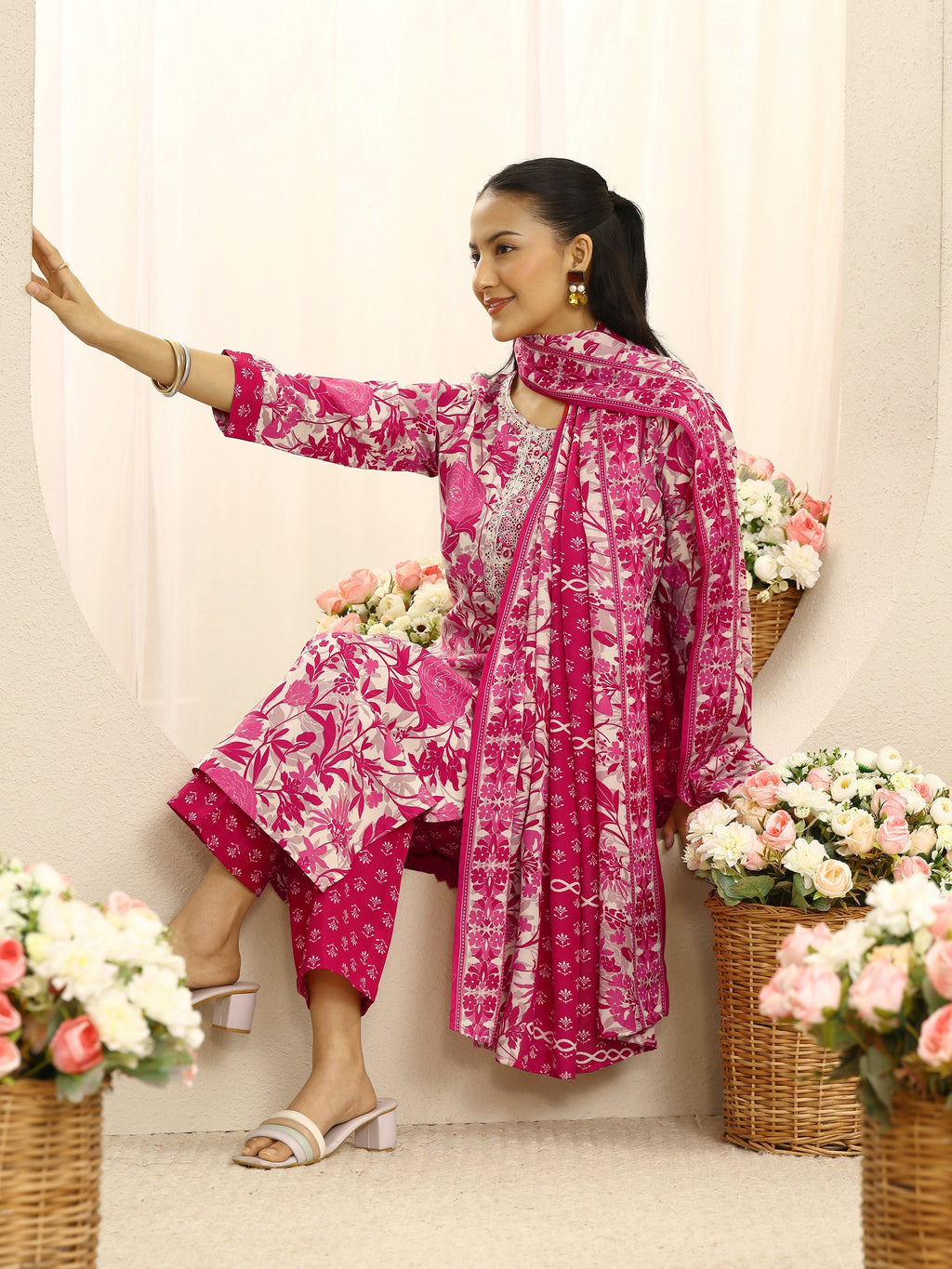 Gerua Pink Ethnic Motif Printed Cotton Blend Straight Suit Set With Dupatta