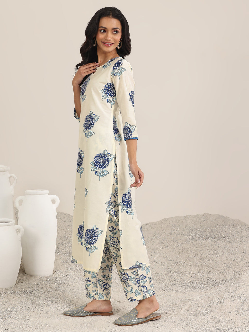 Libas Off White Printed Chanderi Silk Straight Suit With Dupatta