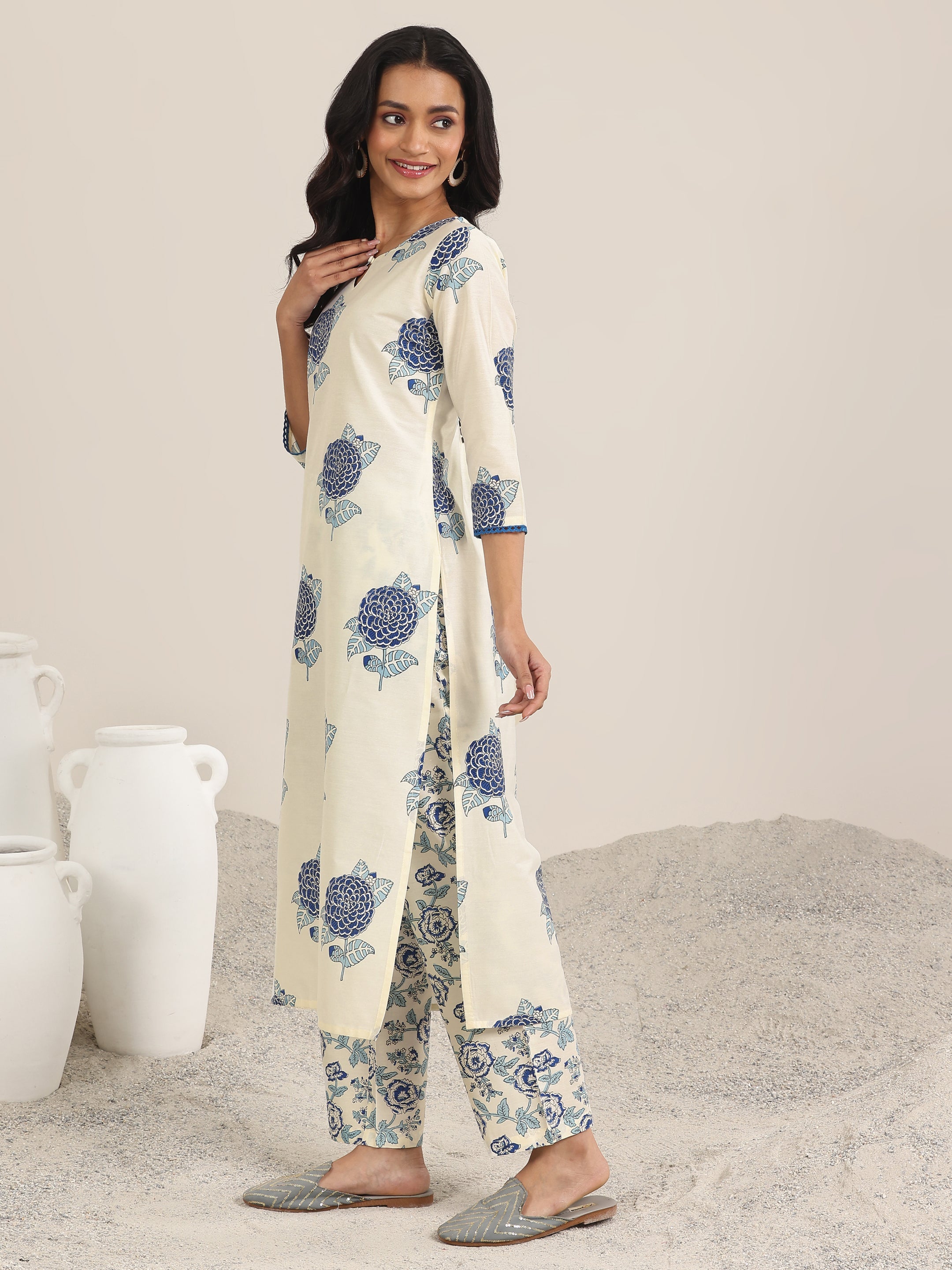 Libas Off White Printed Chanderi Silk Straight Suit With Dupatta