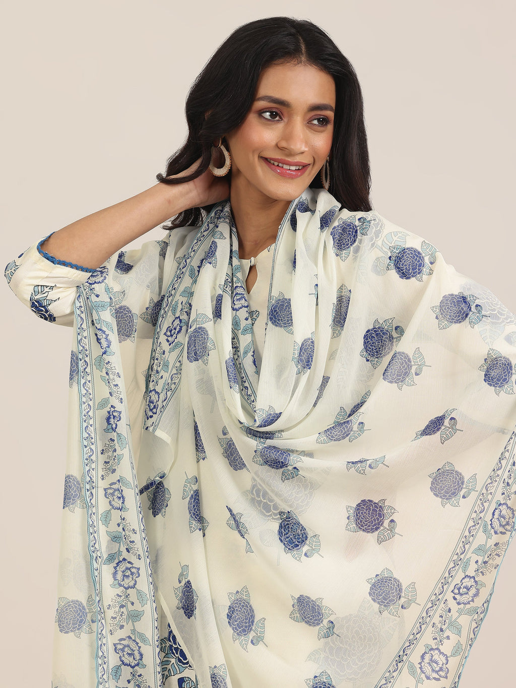 Libas Off White Printed Chanderi Silk Straight Suit With Dupatta