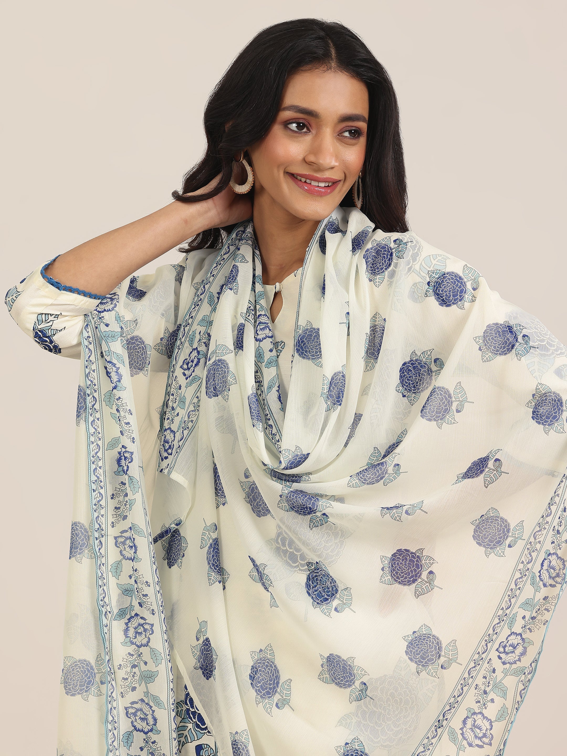 Libas Off White Printed Chanderi Silk Straight Suit With Dupatta