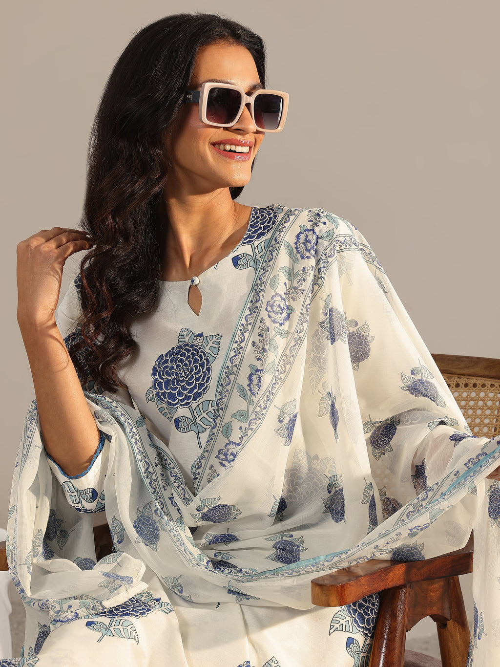 Libas Off White Printed Chanderi Silk Straight Suit With Dupatta