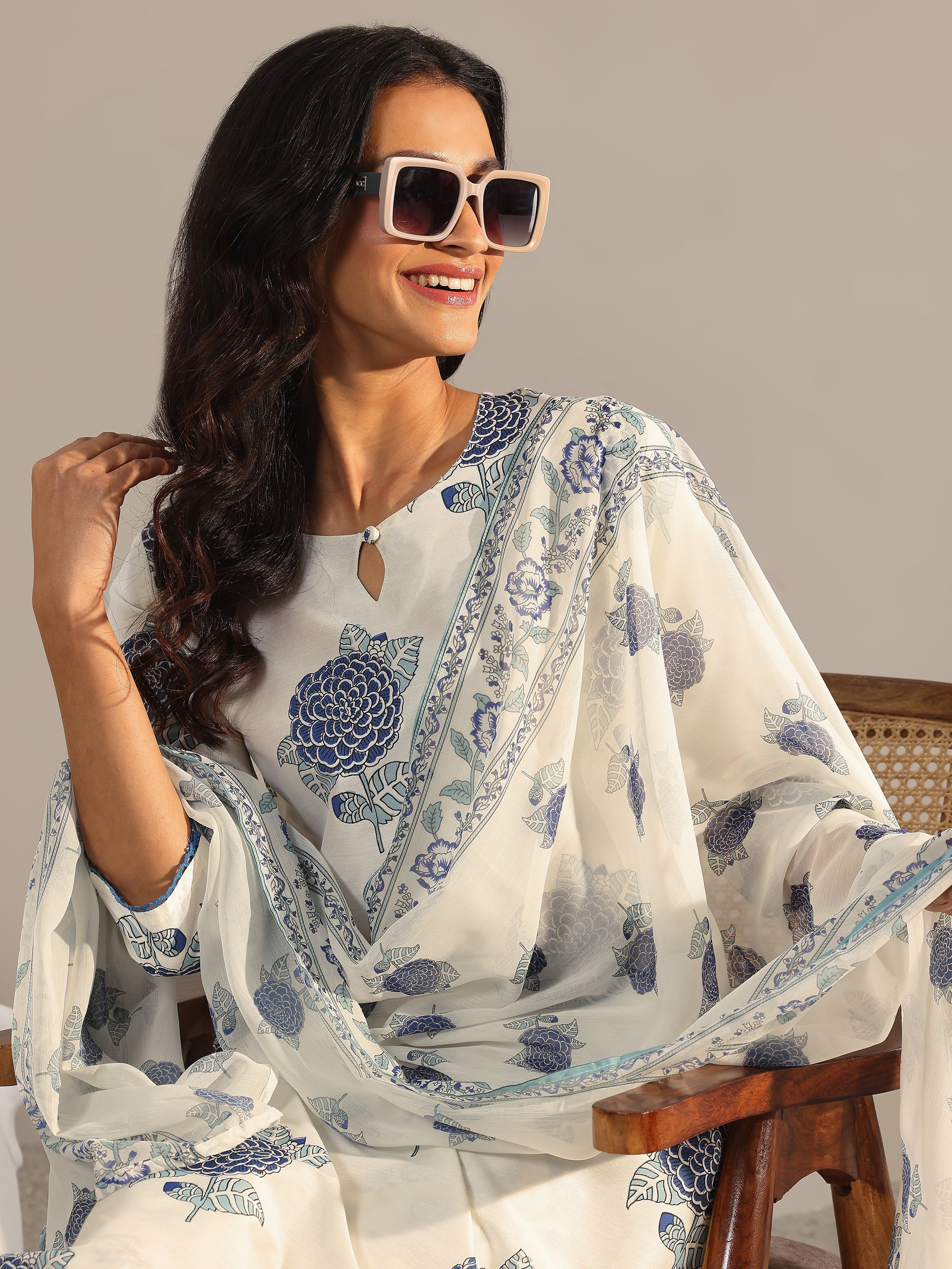 Libas Off White Printed Chanderi Silk Straight Suit With Dupatta