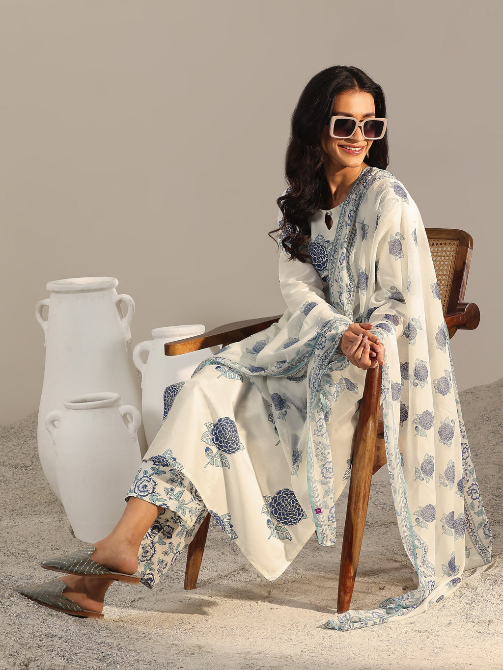 Libas Off White Printed Chanderi Silk Straight Suit With Dupatta