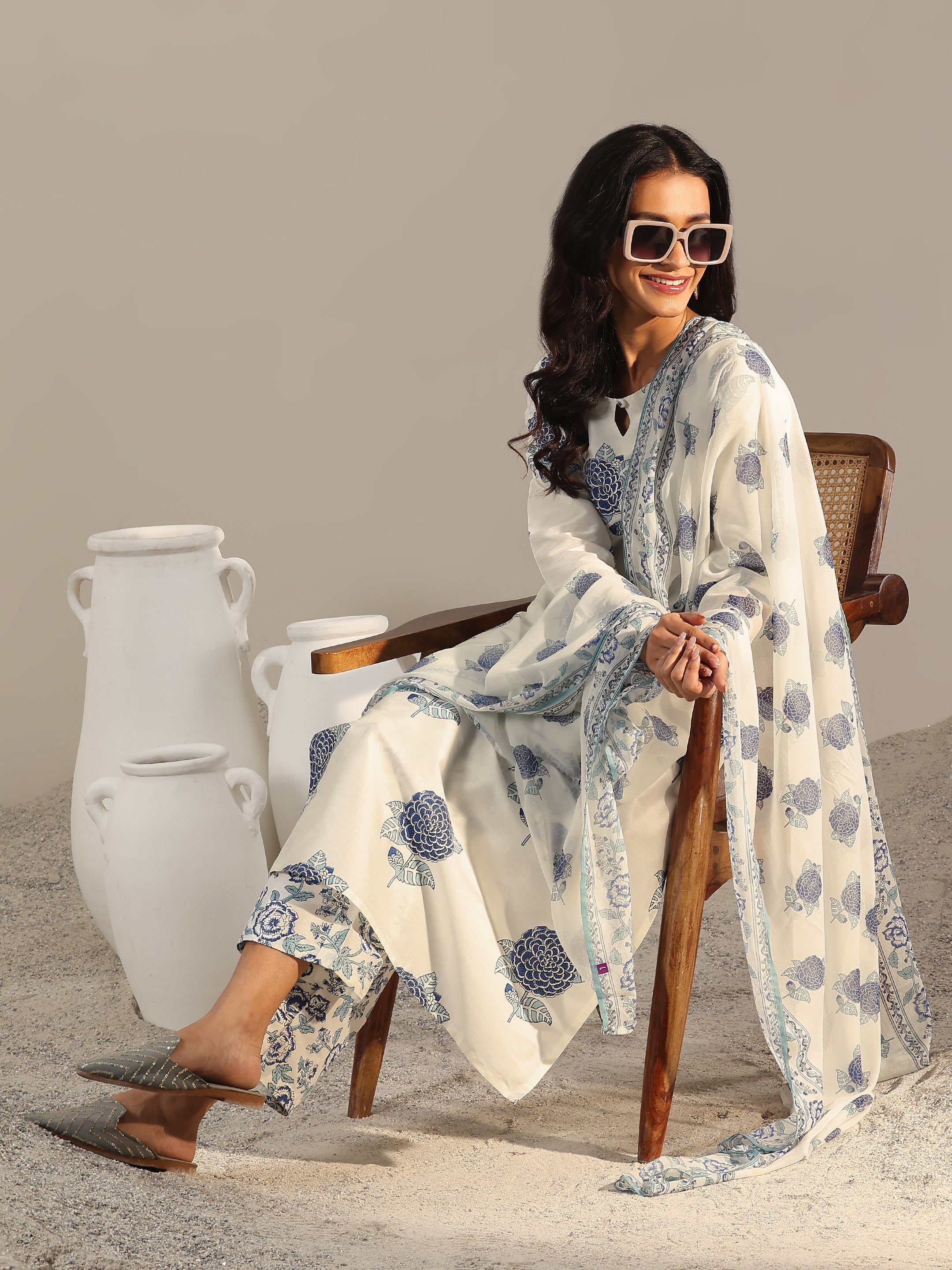 Libas Off White Printed Chanderi Silk Straight Suit With Dupatta