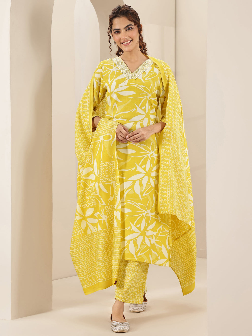 Gerua Yellow Printed Cotton Blend Straight Suit Sets With Dupatta