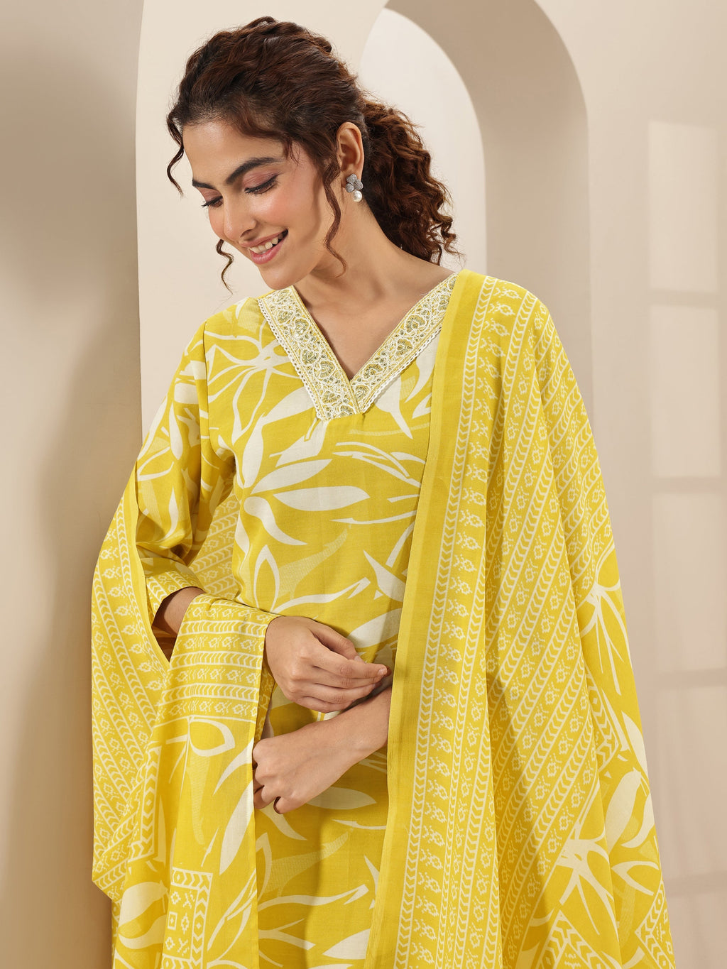 Gerua Yellow Printed Cotton Blend Straight Suit Sets With Dupatta