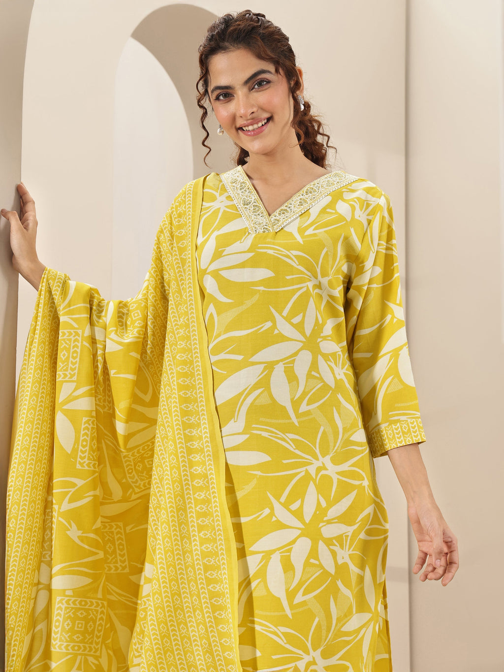 Gerua Yellow Printed Cotton Blend Straight Suit Sets With Dupatta